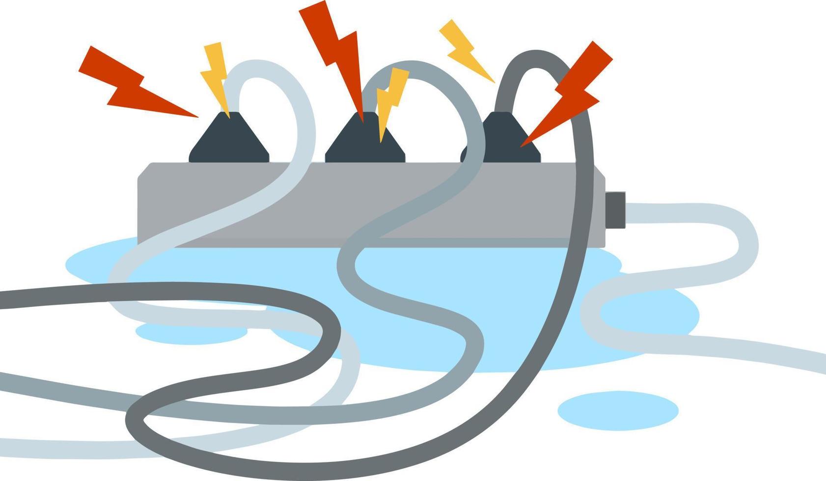 Wet cables and connectors. The problem with electricity. Water puddle and fire safety. Home appliance. Yellow and red sparks of lightning. Dangerous socket. Cartoon flat illustration vector