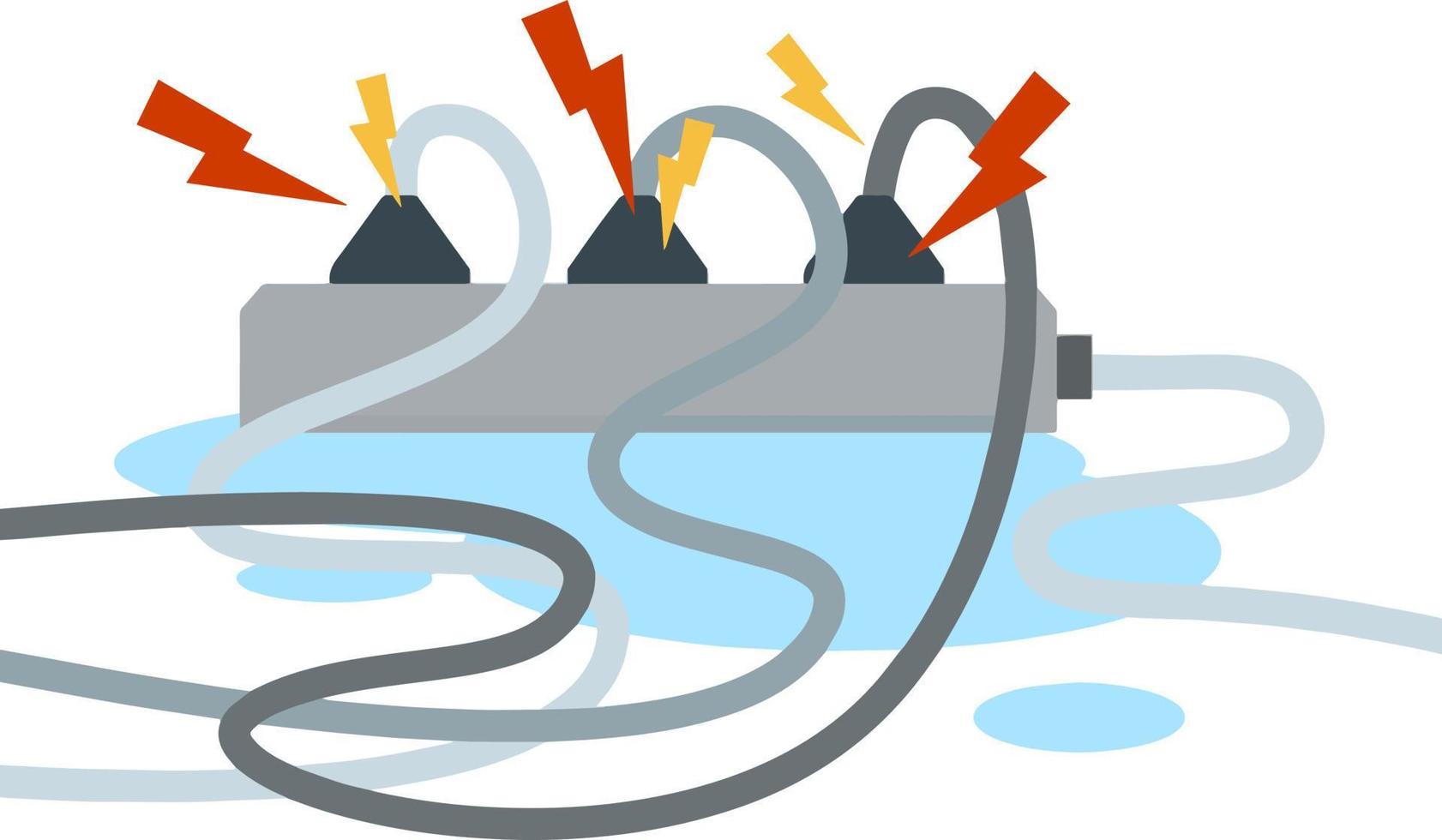 mojado cables y conectores el problema con electricidad. agua charco y fuego seguridad. hogar aparato. amarillo y rojo chispas de iluminación. peligroso enchufe. dibujos animados plano ilustración vector
