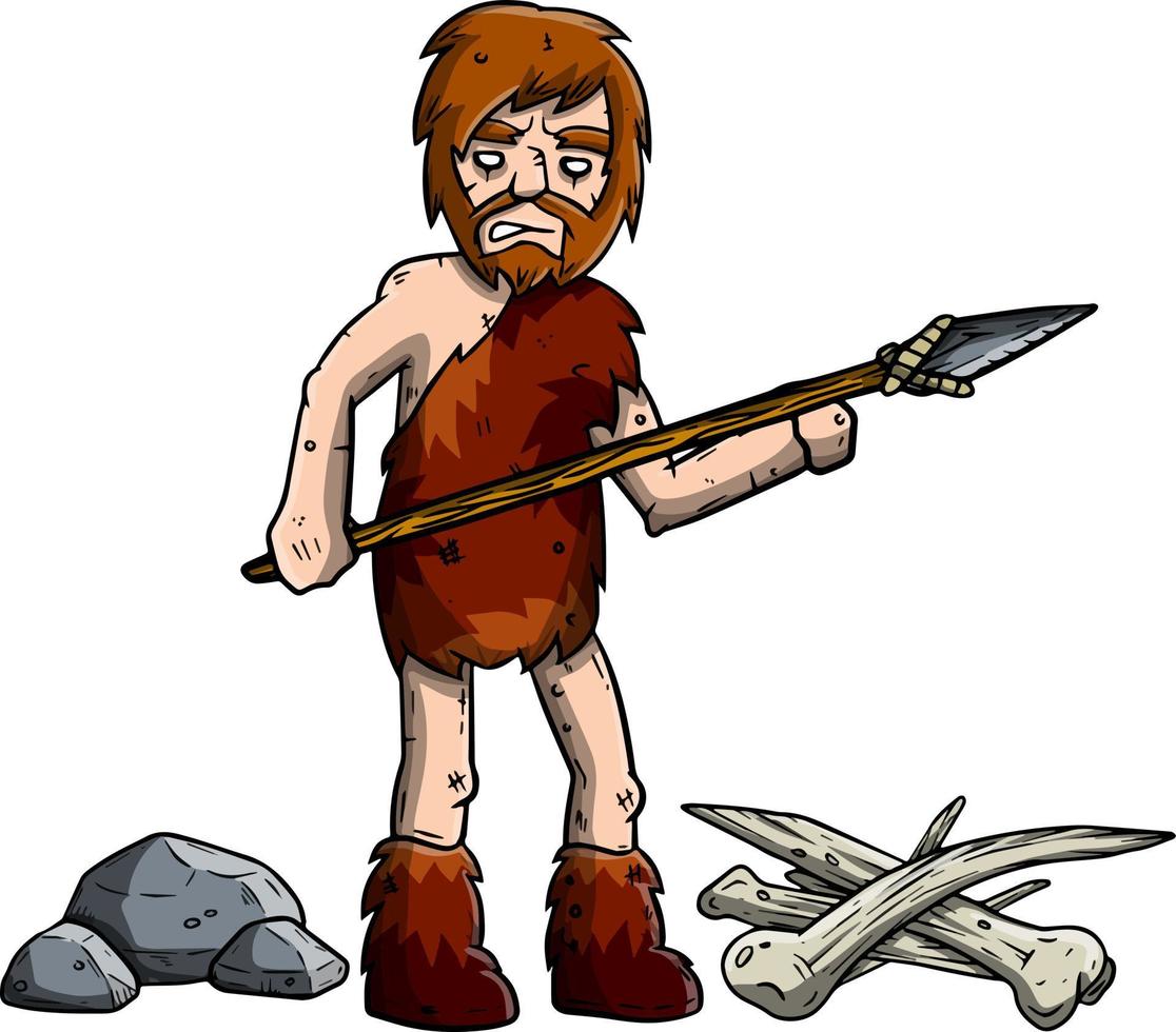 Caveman in animal skin. Man from stone age. vector