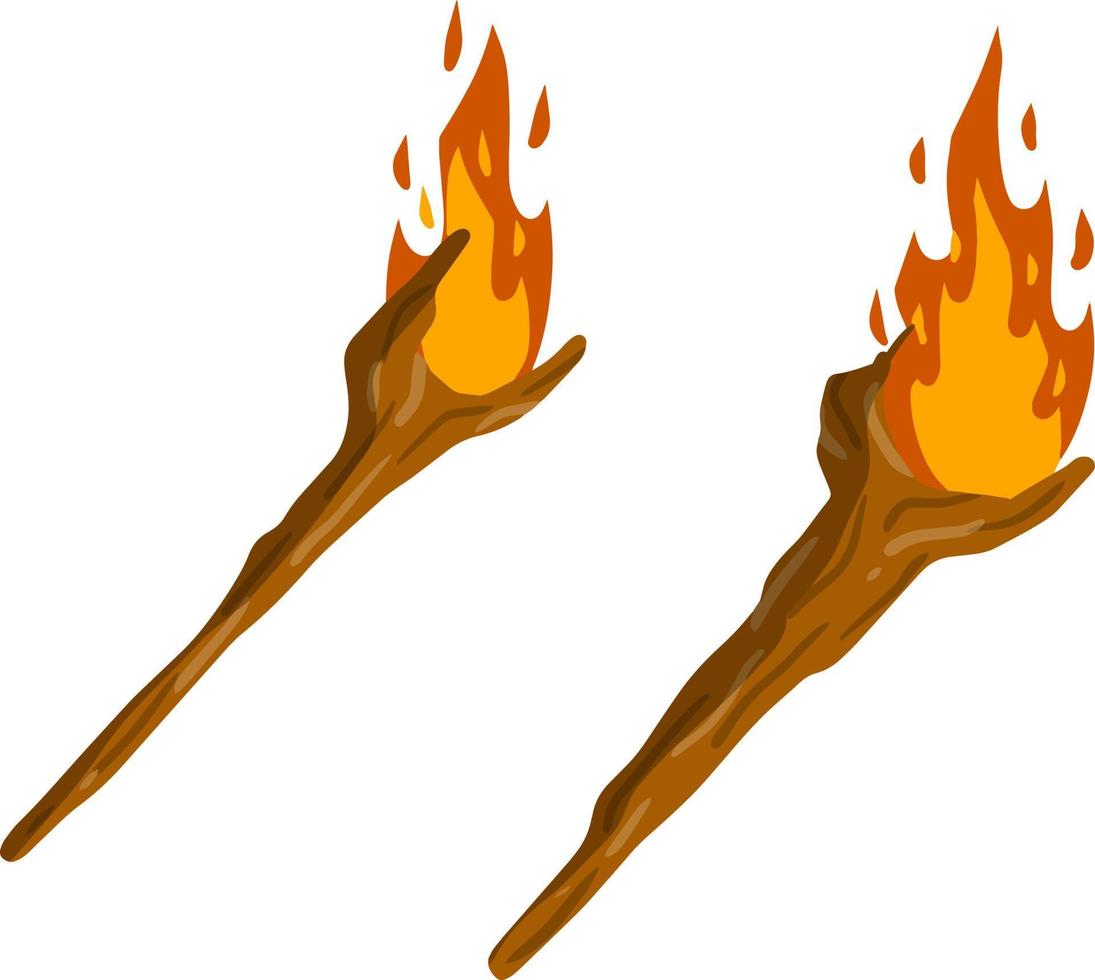 Torch on stick. Fire and branch. Primitive weapon. Burning club. Cartoon flat illustration. old item for lighting vector