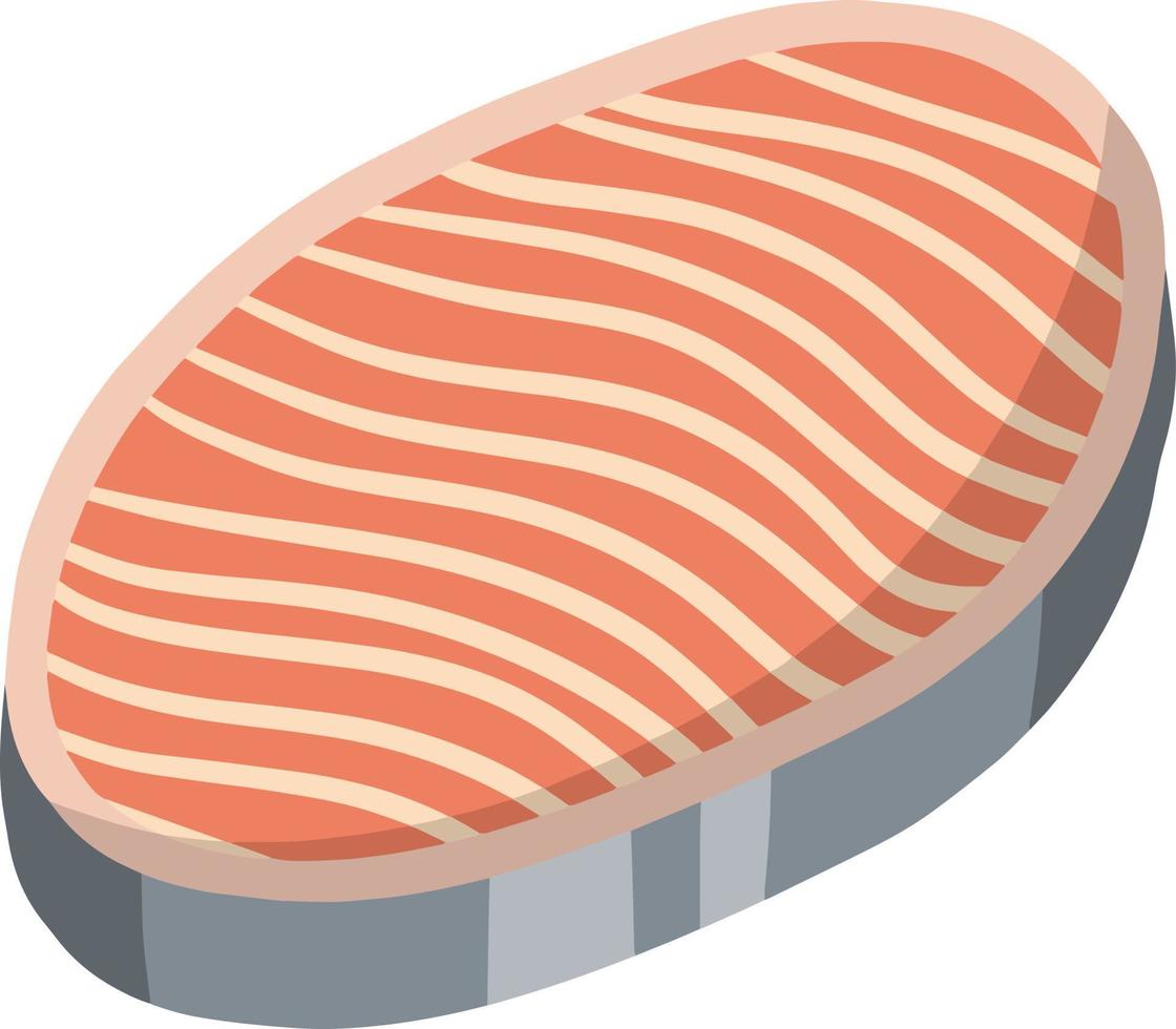 Piece of red salmon fish meat with pink stripe. Raw Seafood. Cut off part. Slices with grey skin. Kitchen and meal element. Cartoon illustration. Food for Cooking sushi vector