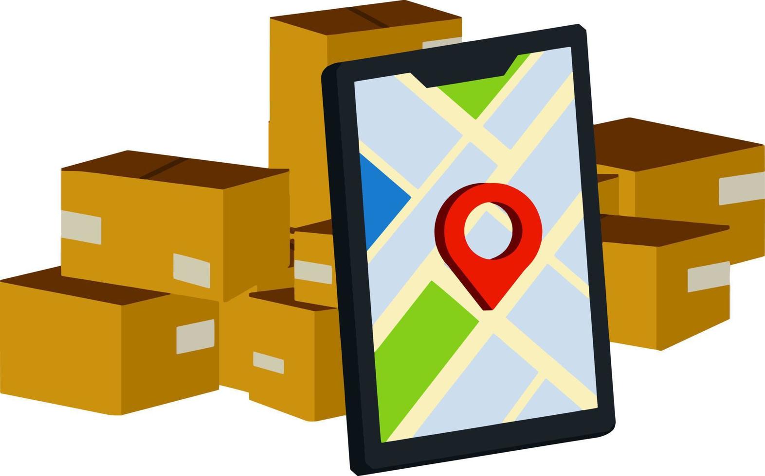 Pile of packages. Mobile phone with city map and pin. Delivery route. Concept of mail Apps. Cartoon flat illustration vector
