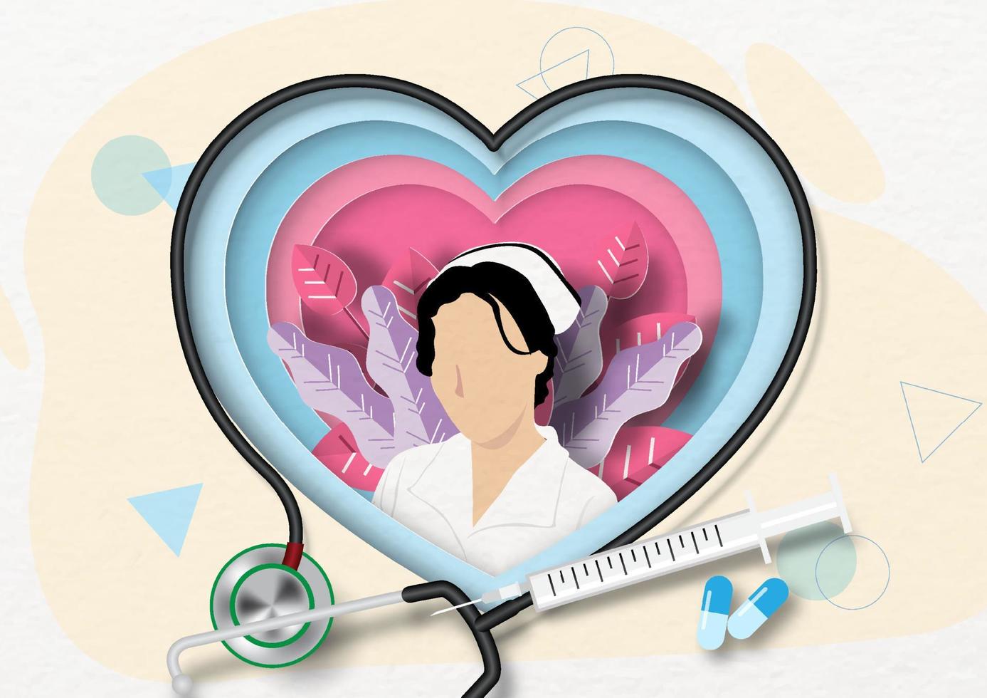 Nurse and decorate plants in a blue heart with stethoscope and syringe on yellow abstract shape background. International nurse day poster campaign in paper cut style and vector design.