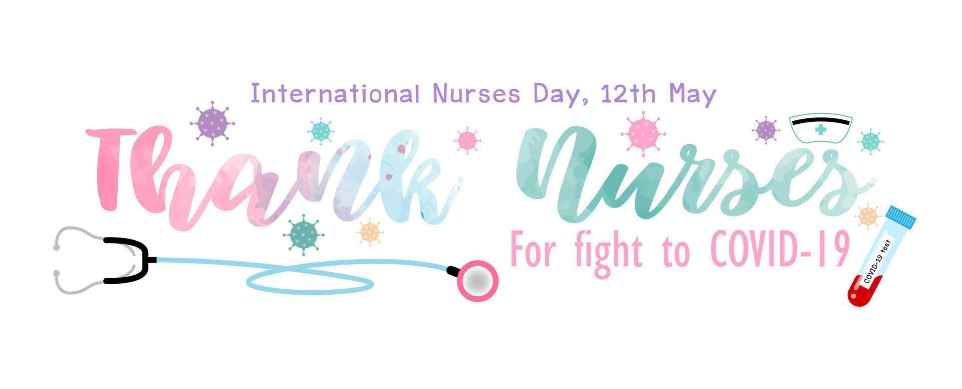 Wording of Encouragement to nurses in Covid-19 situation and International Nurses Day campaign with Medical stethoscope and blood tube of covid-19 testing isolate on white background. vector