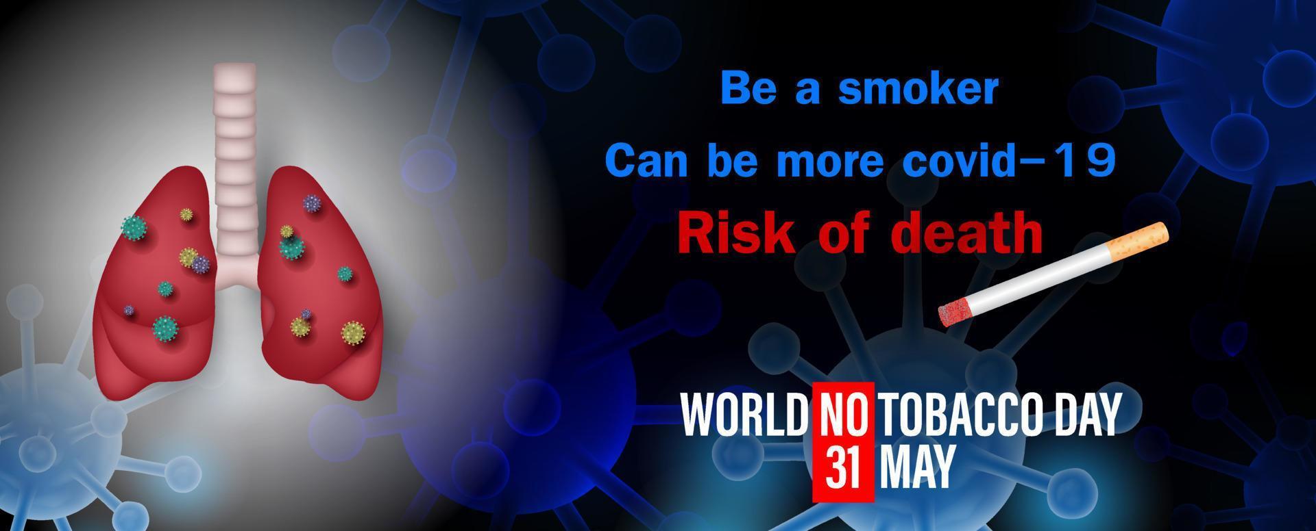 Symbol of virus on human lung in mesh 3d style and slogan with wording of World no Tobacco Day on virus symbols in neon blue with 3d style background. vector