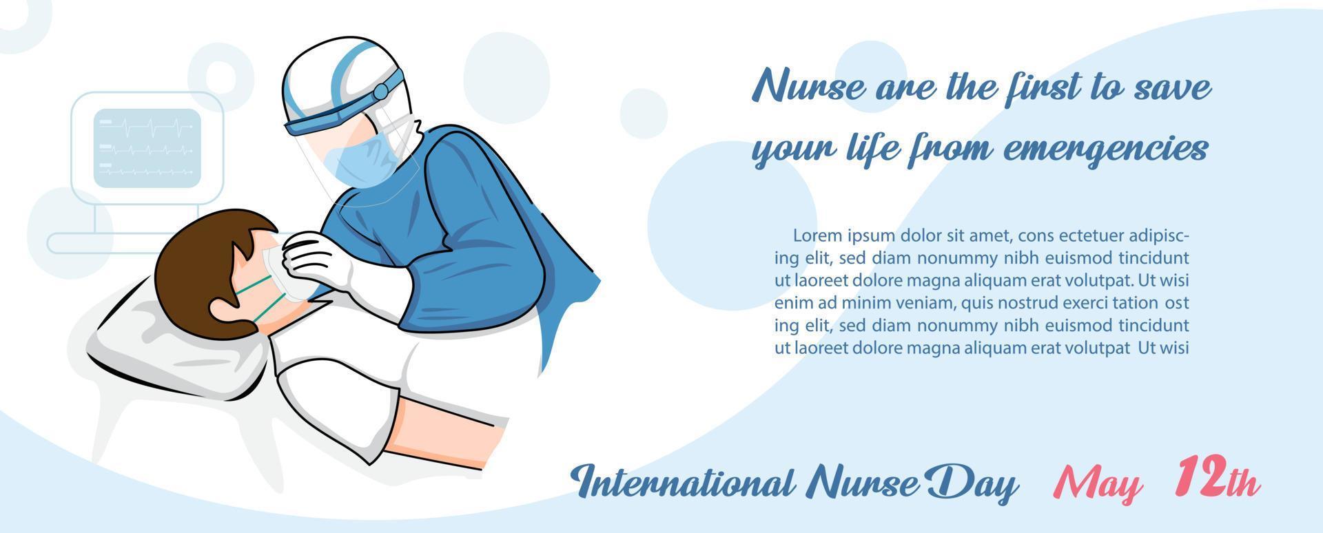 Image of nurse in protection virus suite doing CPR a man with wording of Nurses day and example texts on blue abstract shape and white background. vector