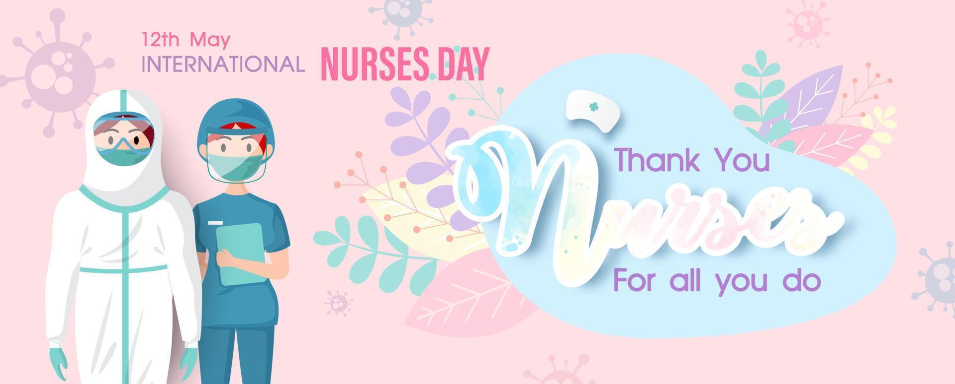 Nurses in cartoon character with wording of Nurse day on decoration plants and virus symbols and pink background. Poster's campaign of International Nurses Day in flat style and banner vector design.