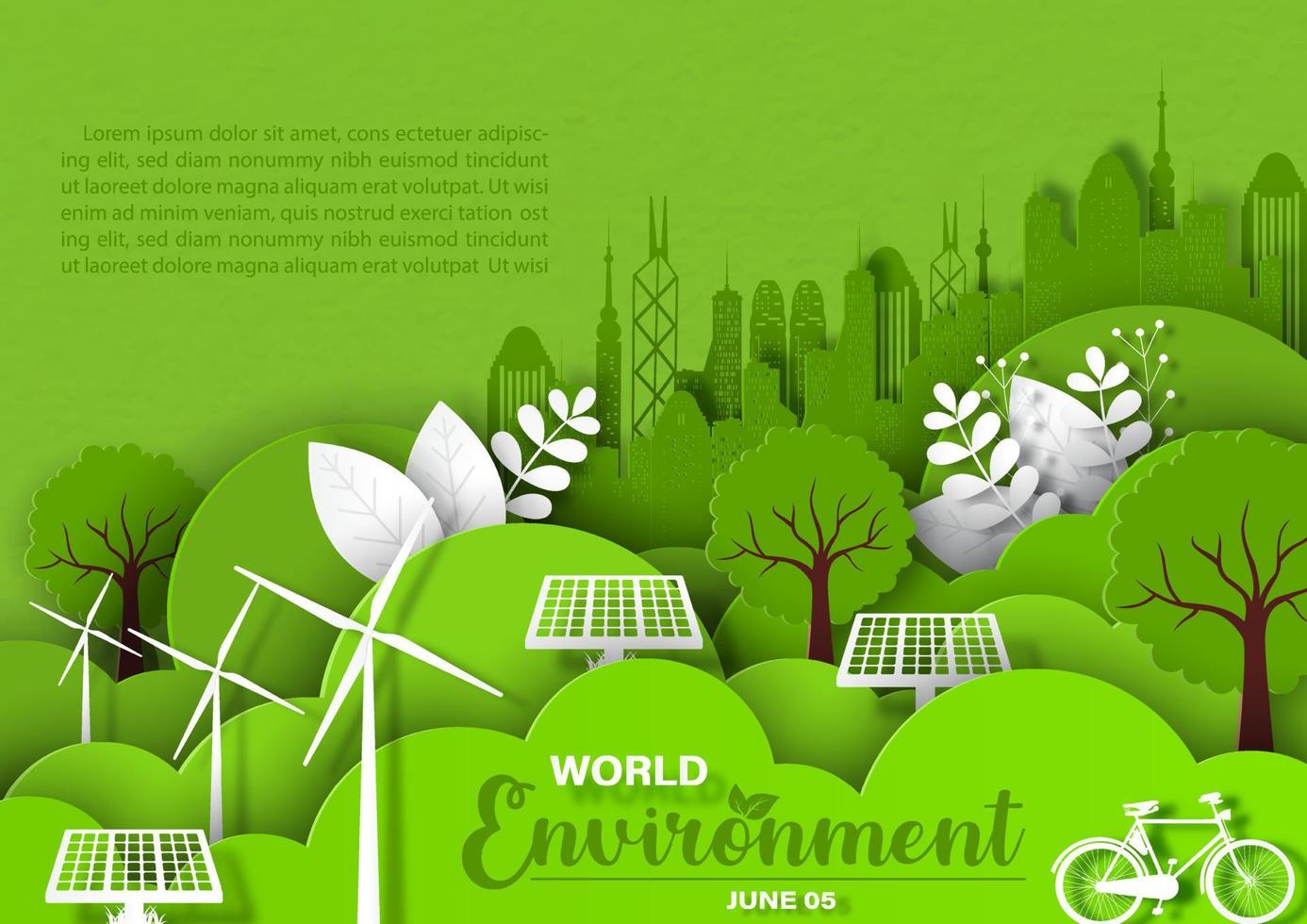 Natural plants and trees with cityscape and wind turbine in paper cut style with wording of Environment day, example texts on green paper pattern background. vector