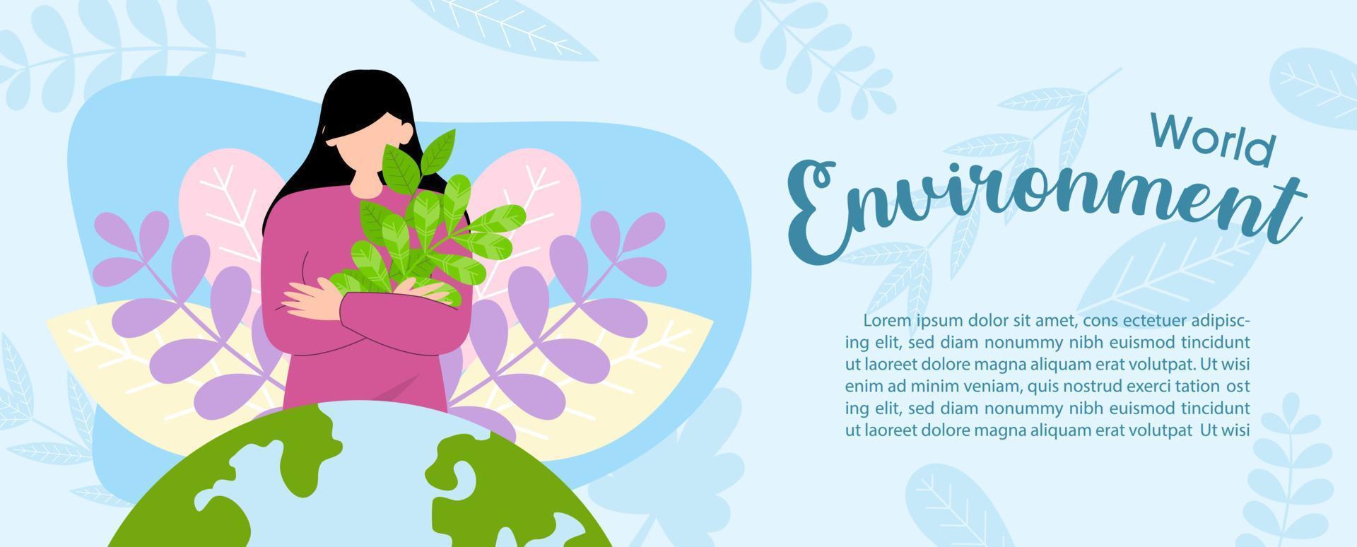 Young woman in cartoon character hug a plant with global and wording of environment day, on decoration plants and blue leaves pattern background. vector