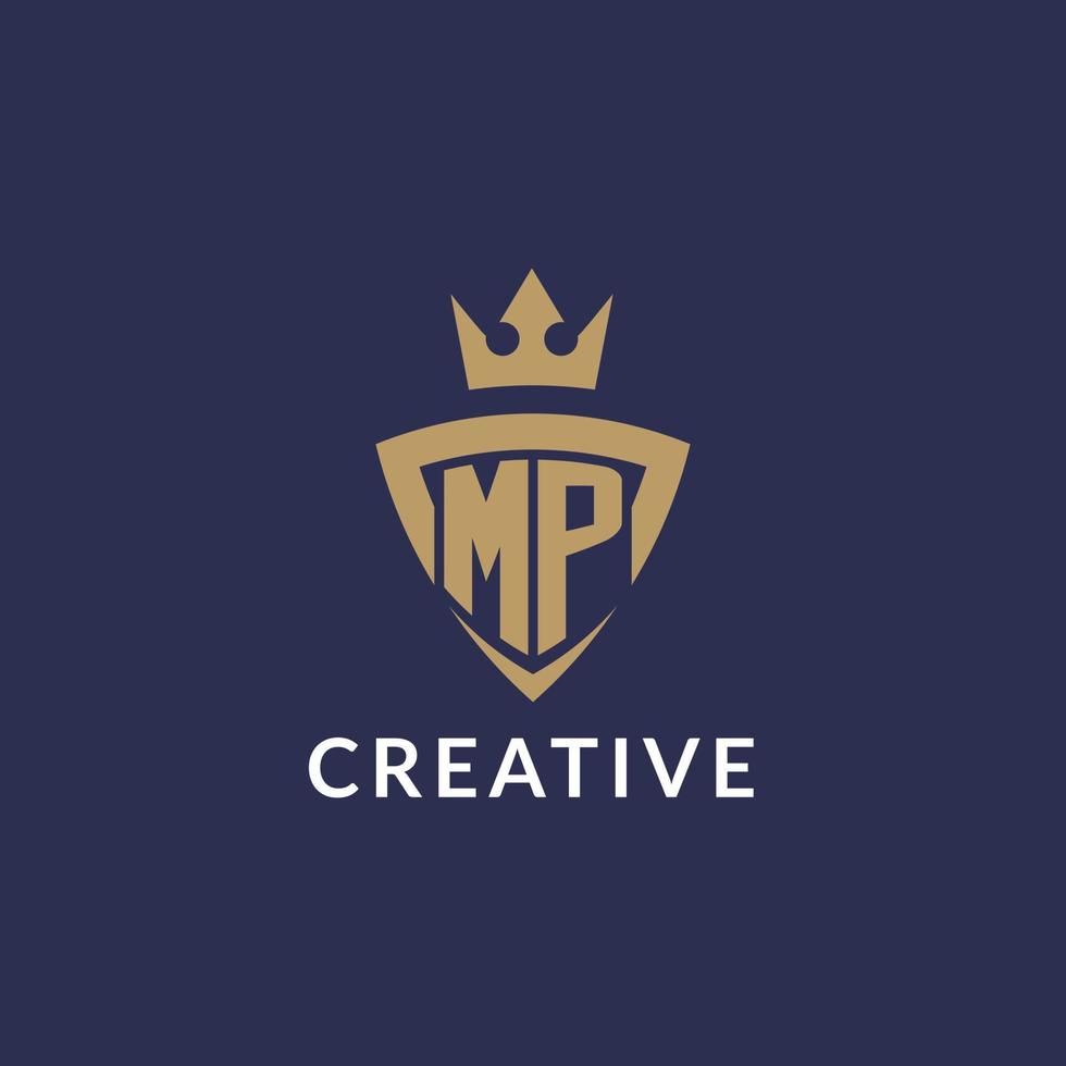 MP logo with shield and crown, monogram initial logo style vector