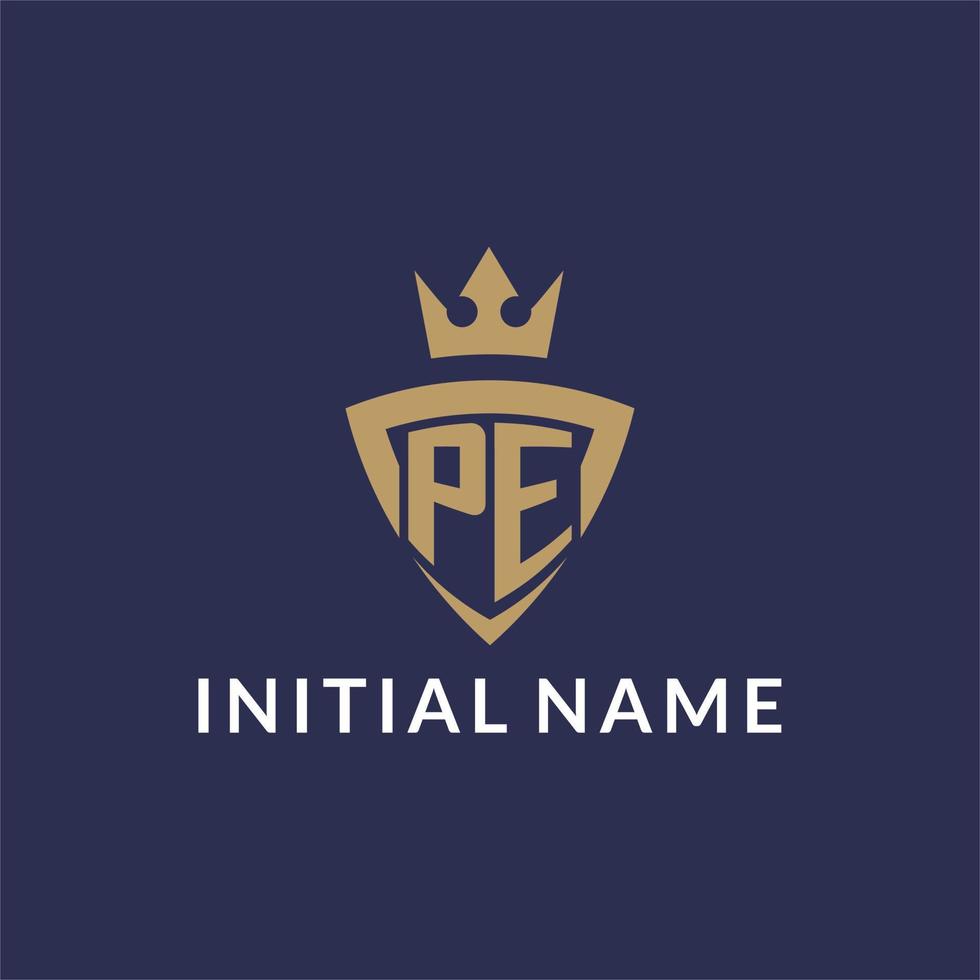 PE logo with shield and crown, monogram initial logo style vector