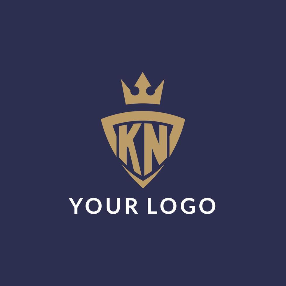 KN logo with shield and crown, monogram initial logo style vector