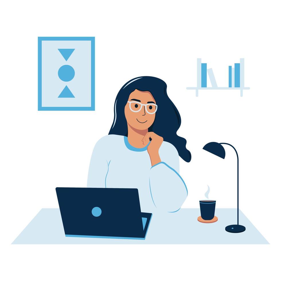 Flat illustration in blue tones with a girl who is studying online with a laptop at the table. vector