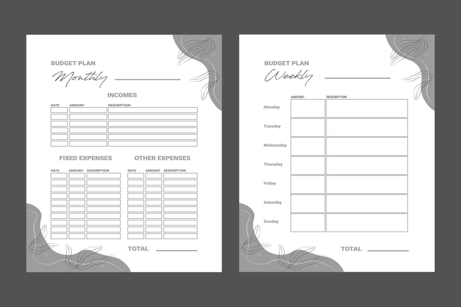 Monthly and weekly finance planner grey vector