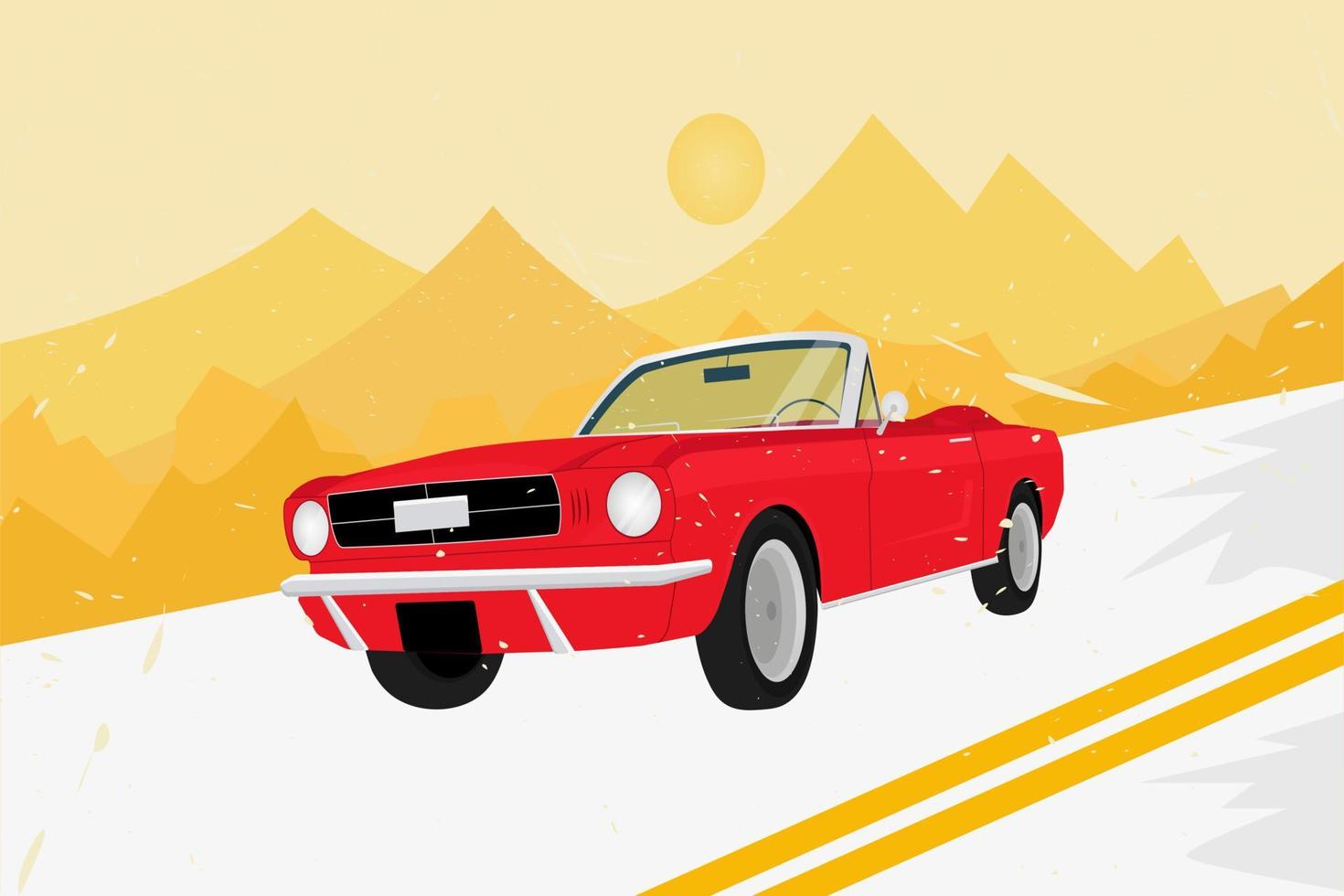 Red cabriolet on a background of mountains in a flat style.Vintage and sports car vector