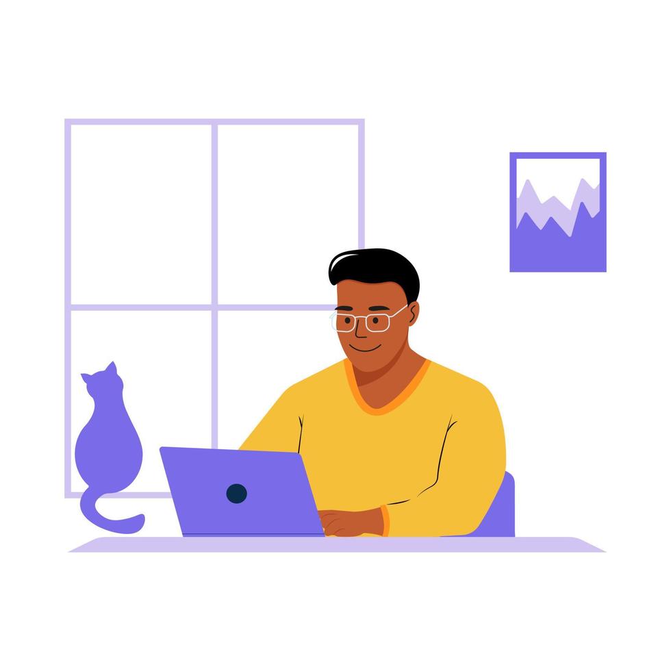 Flat illustration in yellow - purple tones with a man who study online with a laptop at the table vector