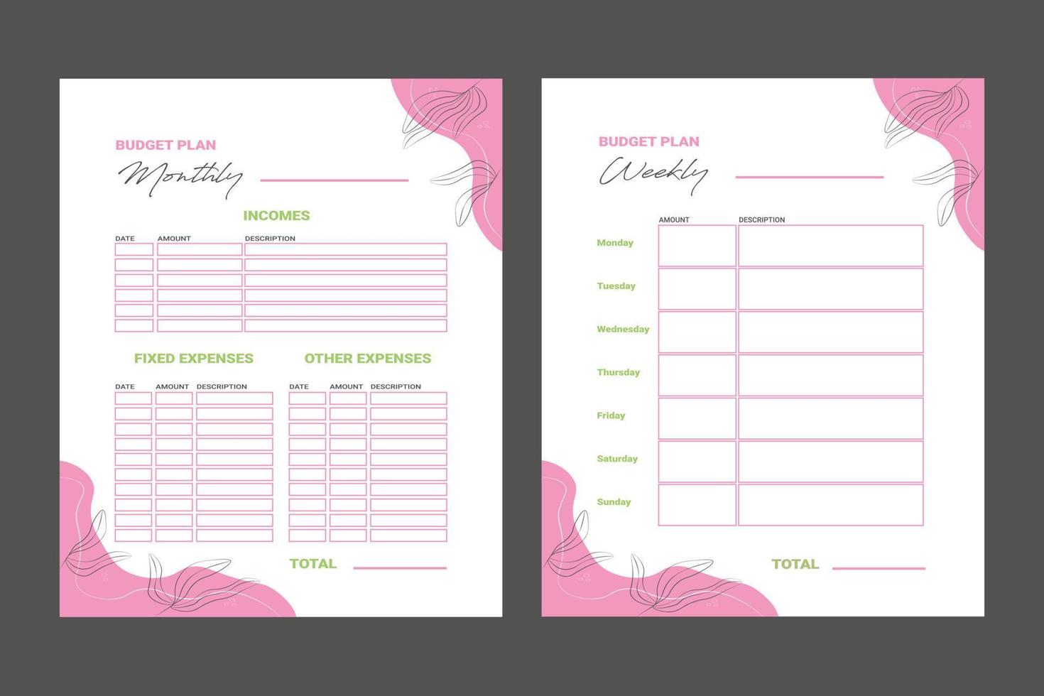 Monthly and weekly finance pink planner vector