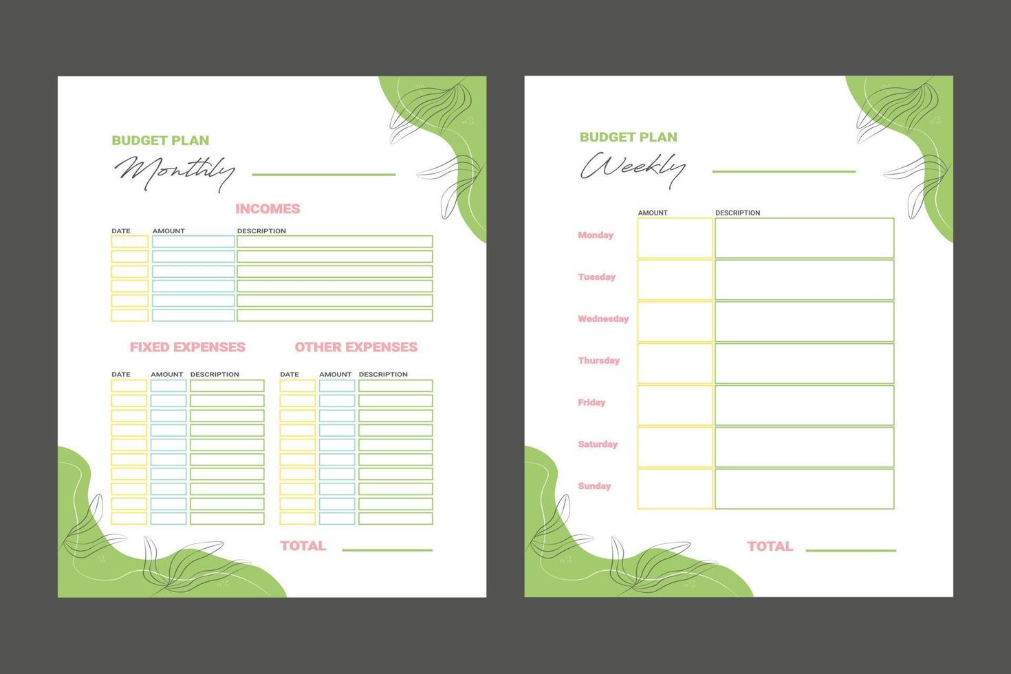 Monthly and weekly finance green planner vector