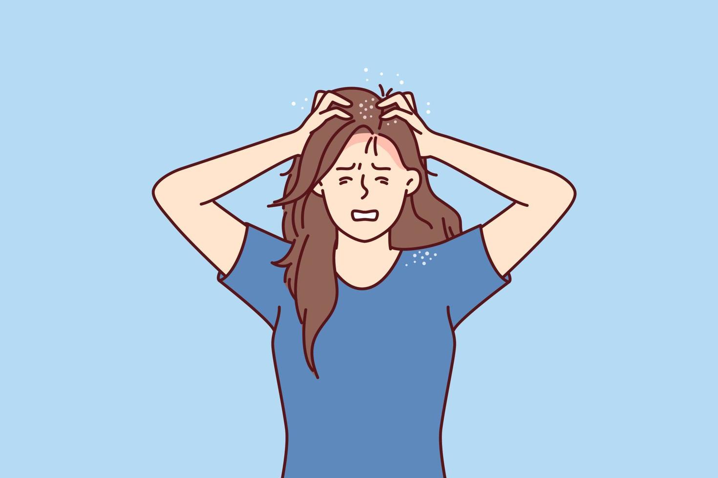 Woman suffers from itchy head after fungal infection and dandruff associated with poor-quality hair shampoo. Girl needs trip to dermatologist and use of new hygiene products or medicines for dandruff vector