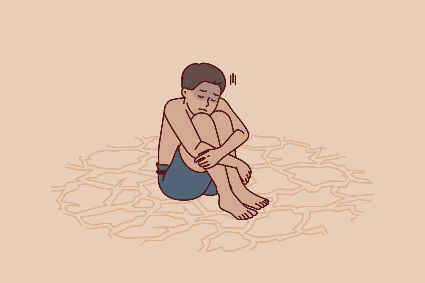Sad boy feeling thirsty sits on dry ground after global climate change and pollution of ecological environment. Child suffers from lack of drinking water or drought that has destroyed rivers and lakes vector