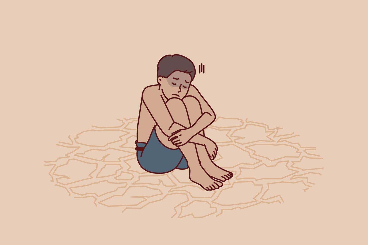 Sad boy feeling thirsty sits on dry ground after global climate ...