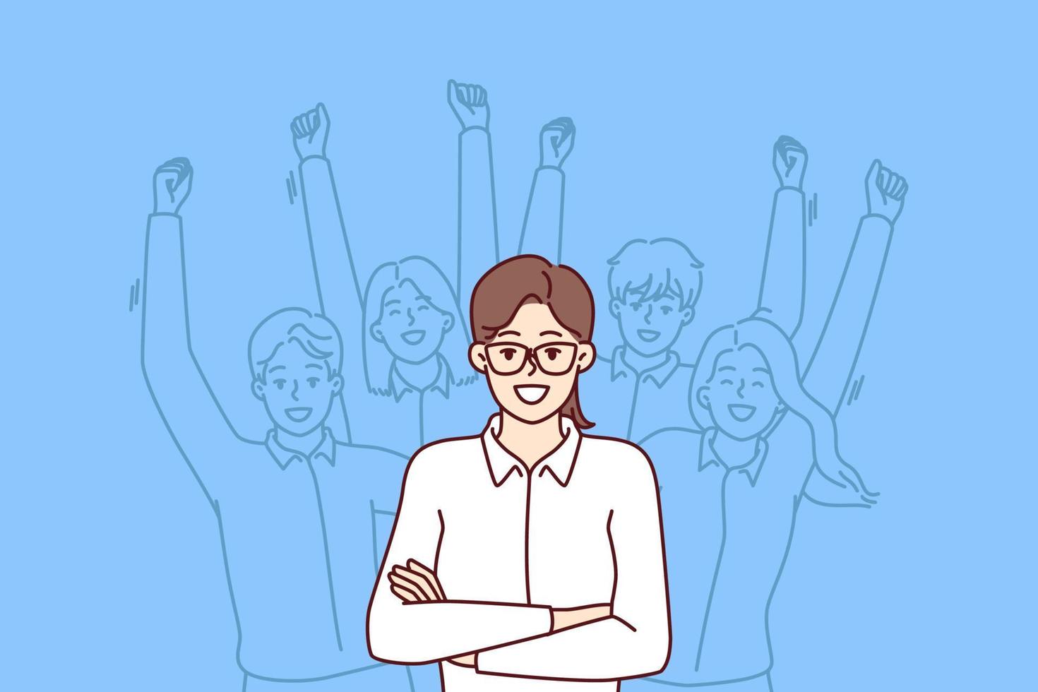 Woman leader standing with arms crossed near team located behind and making victorious wave of hands. Businesswoman leader or company manager posing for advertising banner of consulting corporation vector