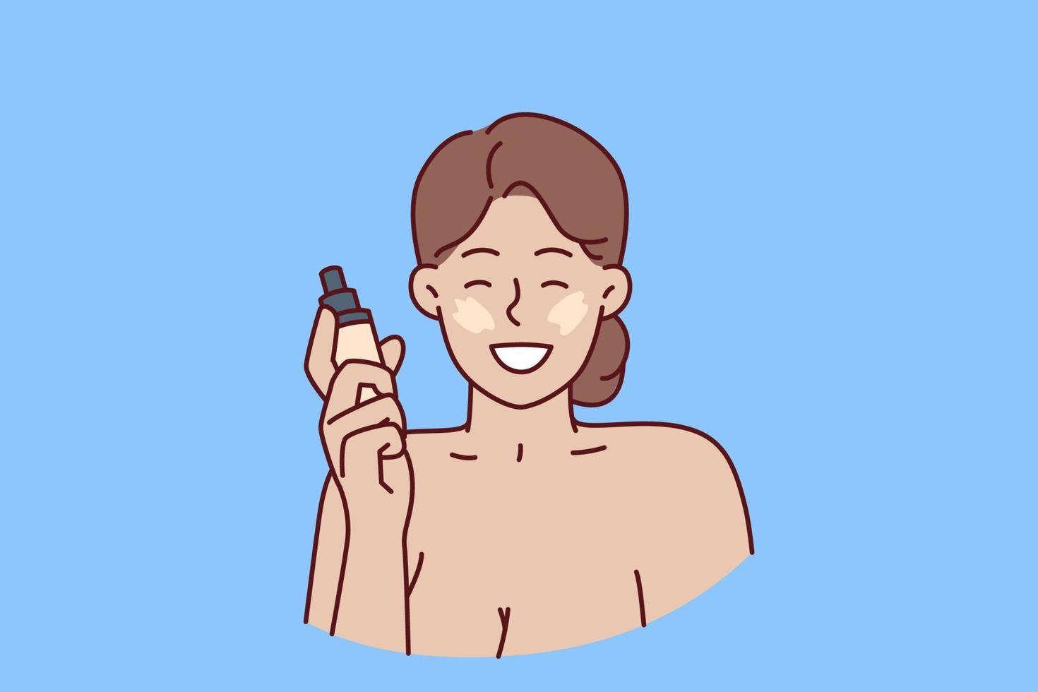 Woman with liquid foundation smiles as she puts on makeup to hide skin imperfections. Positive girl demonstrates new foundation recommending use of high-quality cosmetics for skin care vector