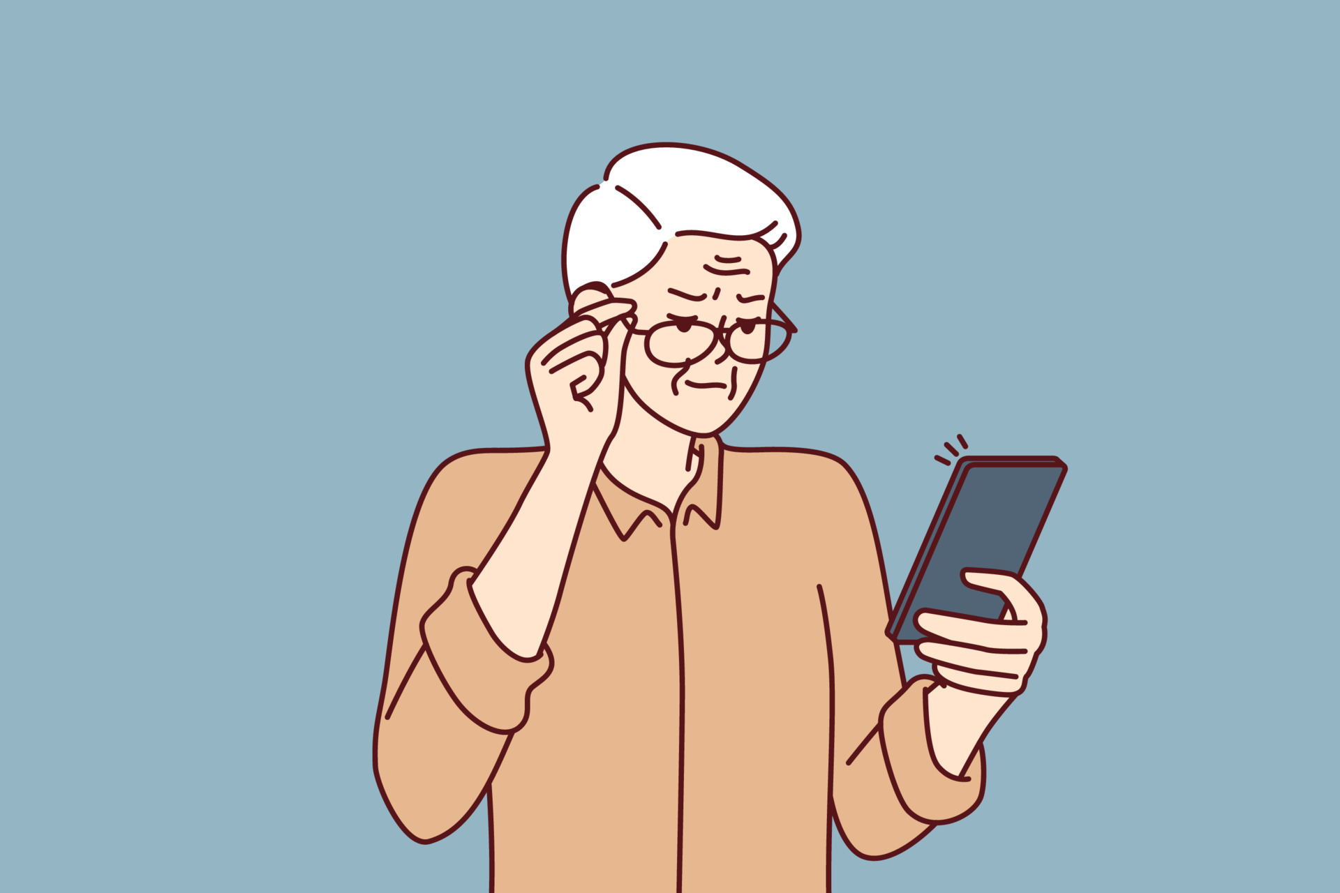 Elderly man with poor eyesight squint looking at screen of mobile phone
