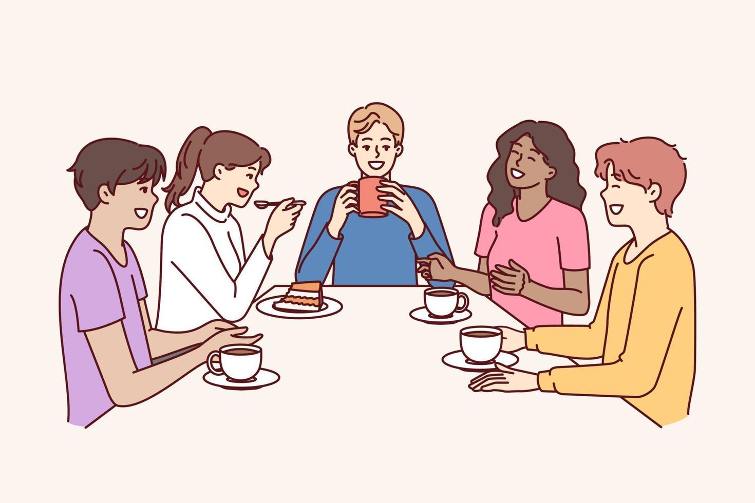 Group of multiethnic colleagues drink coffee sitting at table during break and laugh telling funny jokes. Happy people in casual wear relaxing enjoying socializing and meeting with school friends vector