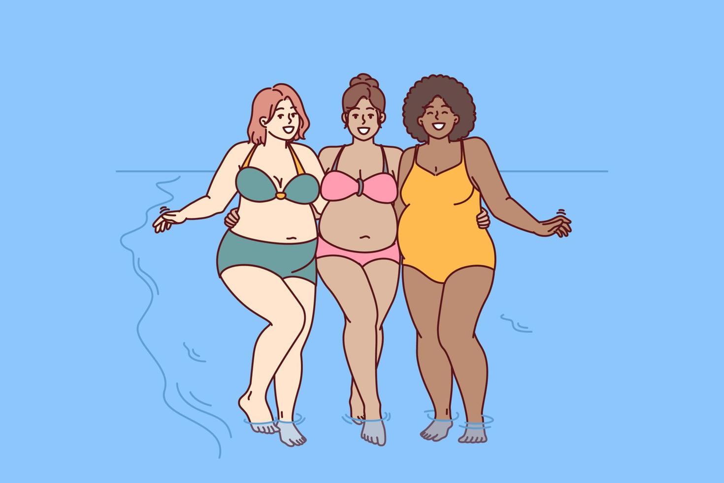 alegre más Talla mujer vestido en traje de baño estar abrazando en soleado playa cerca mar agua y Mira a cámara sonriente. diverso más Talla muchachas para concepto de No perjudicar y cuerpo positividad vector