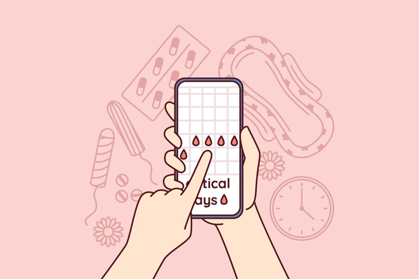 Menstruation cycle calendar in mobile phone in hands near pads and tampons or feminine hygiene products and pain pills. Planning menstruation or critical days using website for girls, vector
