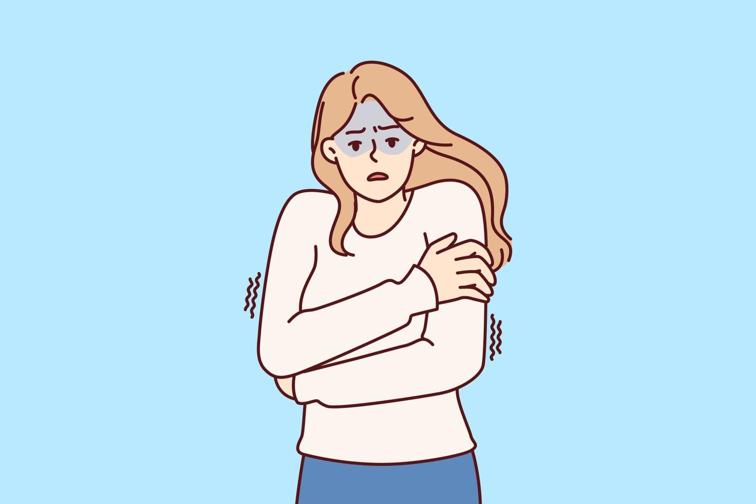 Freezing woman hugging shoulders trying to keep warm and feeling chills after contracting flu infection or fever. Freezing girl in sweater dreams of warm house to wait out cold weather vector