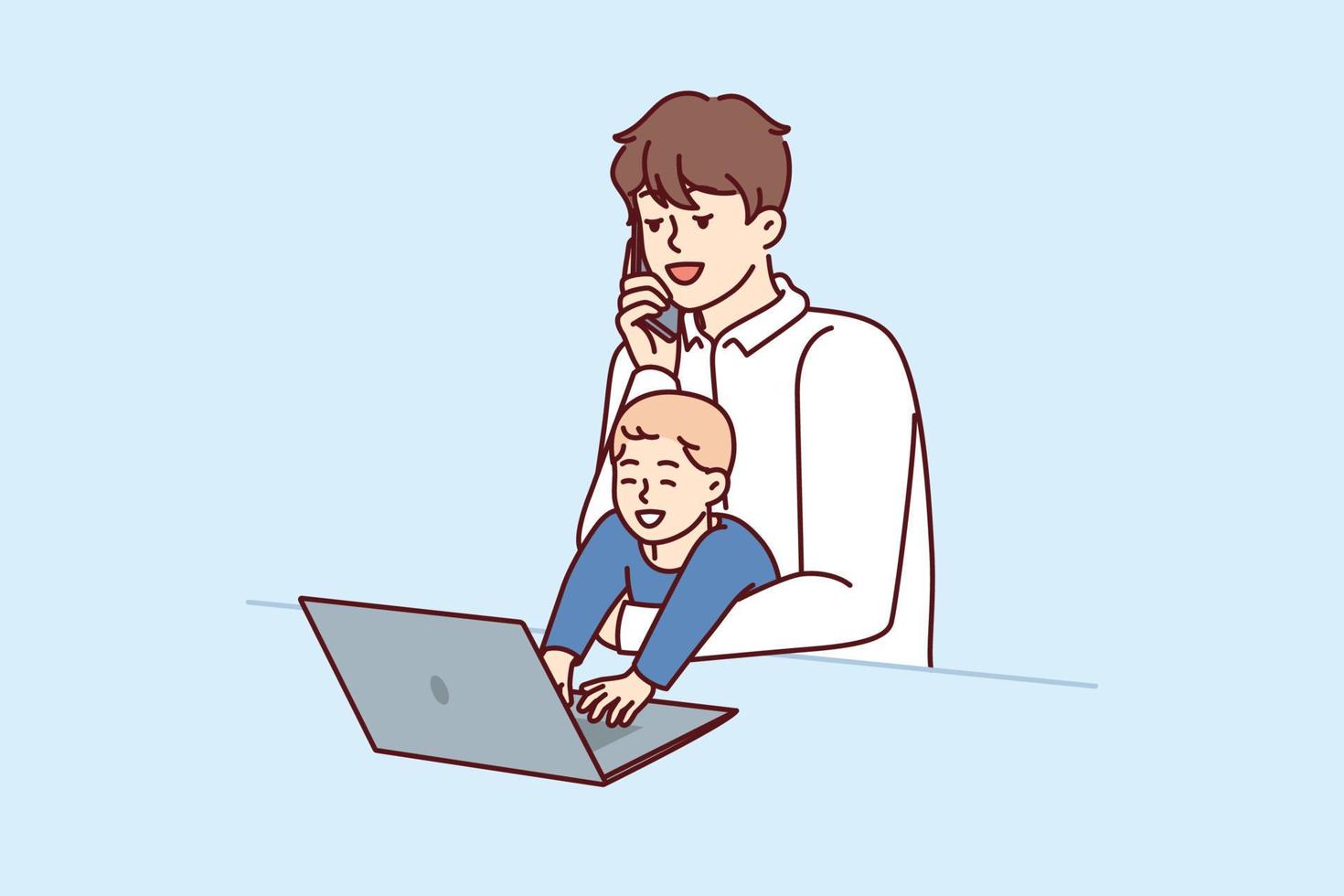 Young father freelancer with baby in arms works with laptop and makes phone call during quarantine restrictions. Father with little boy does remote work and is raising son at same time vector