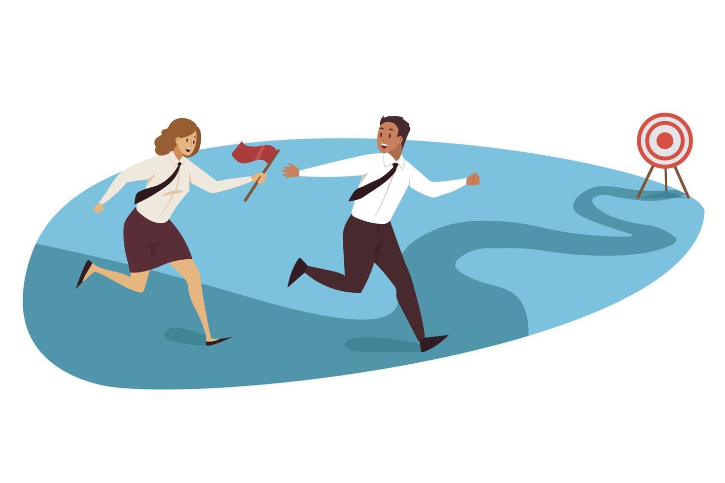 Relay race, targeting, teamwork business concept. Goal achievement and success motivation competition illustration. Team of businessman woman managers cartoon characters leaders runners passing flag. vector