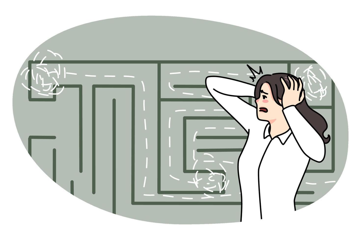 Anxious woman confused by finding way in labyrinth vector