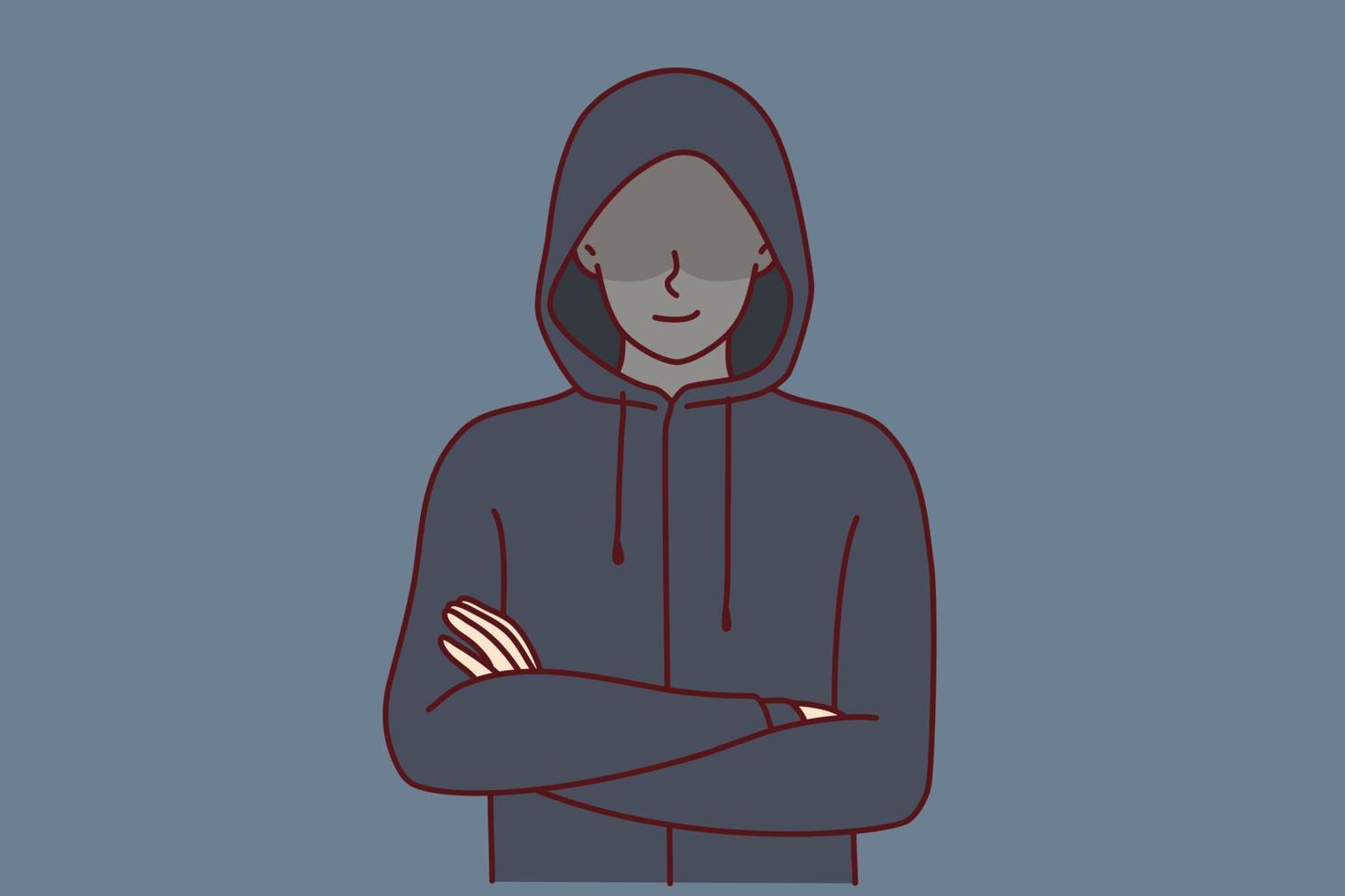 Anonymous man stands with arms crossed and hiding eyes behind hood for concept of secret surveillance or banditry. Anonymous guy hiding face wanting to remain incognito planning illegal activities vector