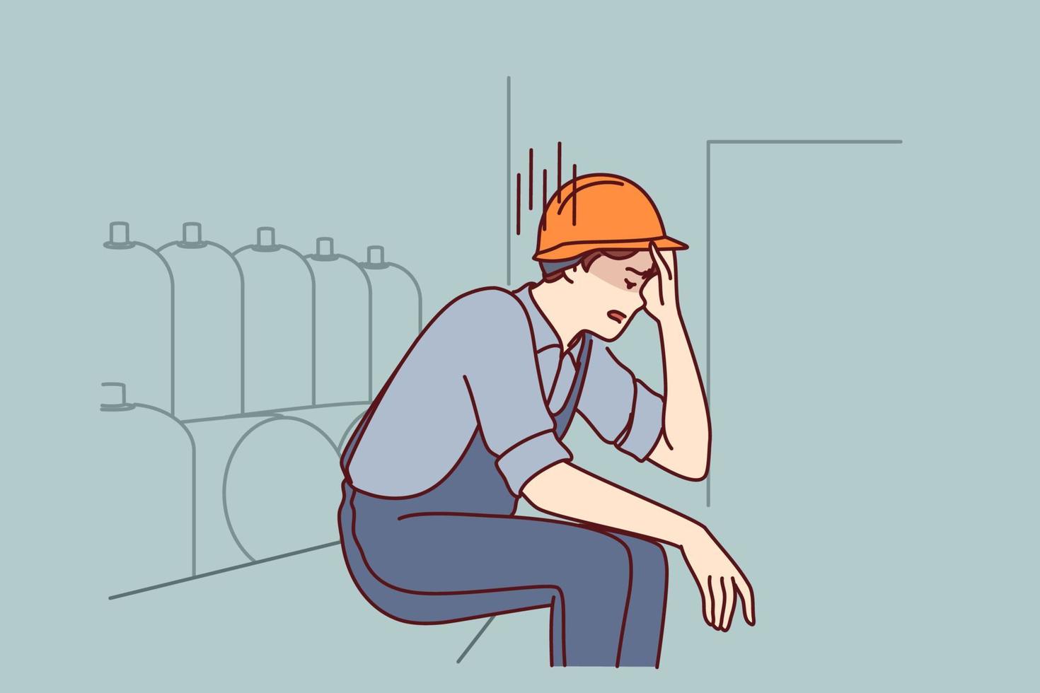 Tired man working in factory sits near production equipment holding head because of nervous job. Nervous factory worker in safety helmet needs psychological support due to poor working conditions vector