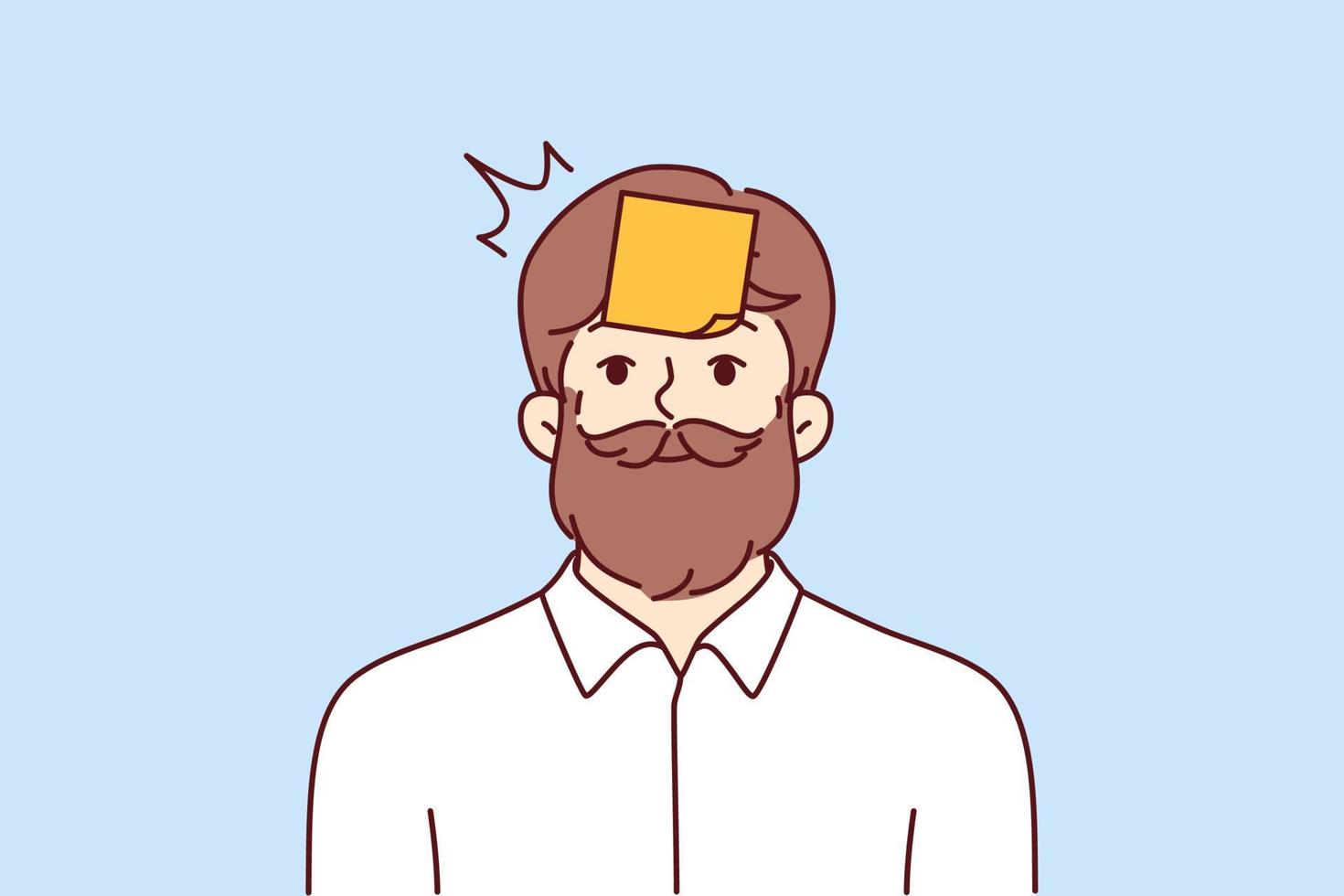 Hipster man with sticky notes on forehead looking at camera smiling. Hipster guy with mustache and beard tries to guess what is written on sticker playing with colleagues or friends vector