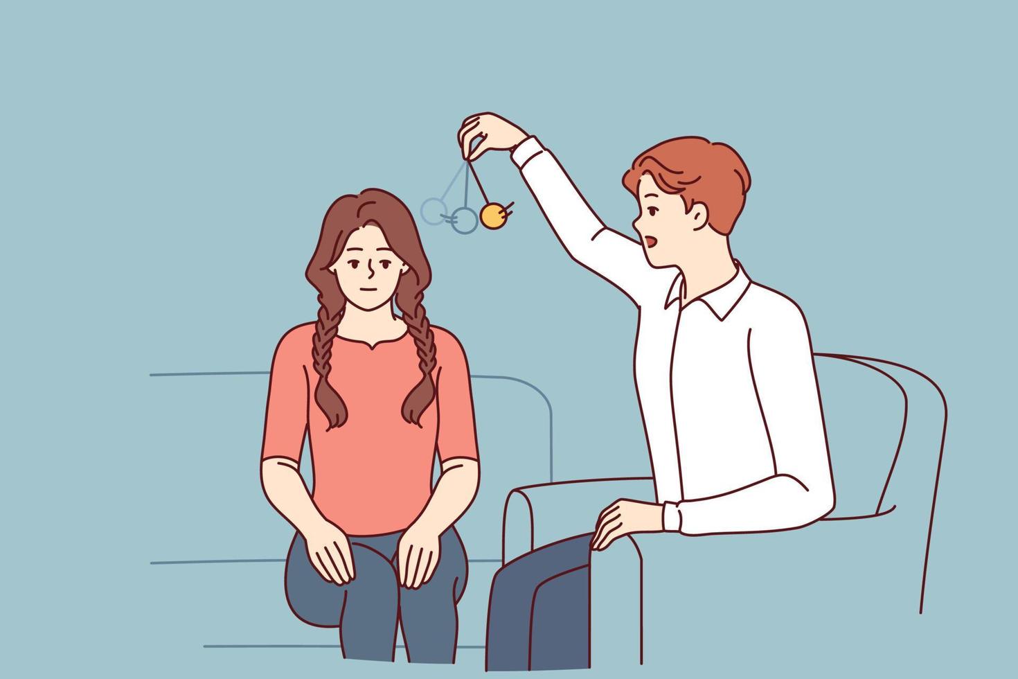 Man psychotherapist hypnotizes woman patient using pendulum to solve psychological problems in subconscious. Guy hypnotizes girl to take advantage unconscious state or remove information from memory vector