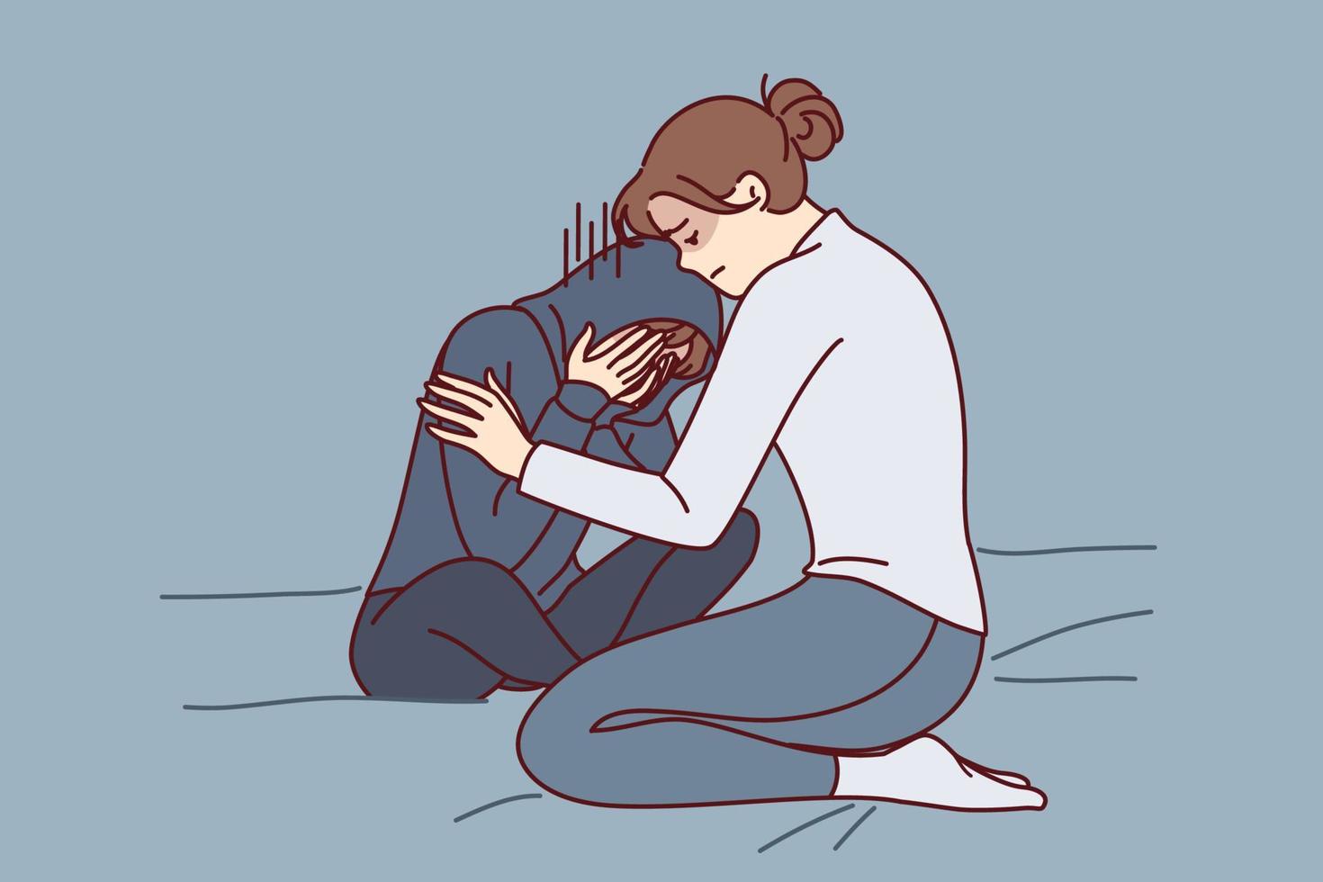 Mother consoles crying daughter who is depressed due to peer problems or poor school performance. Caring woman hugging and consoles crying girl after argument or house arrest related to bad behavior vector