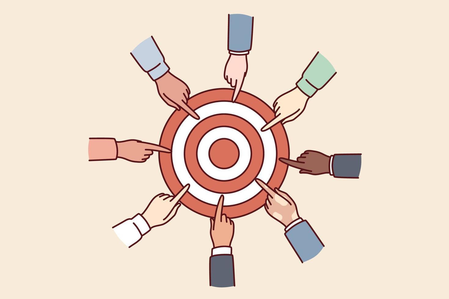 Hands of diverse people near target for concept of collaboration for solving joint task and teamwork in business. Achieving set goals to gain strategic advantages and leadership over competitors vector