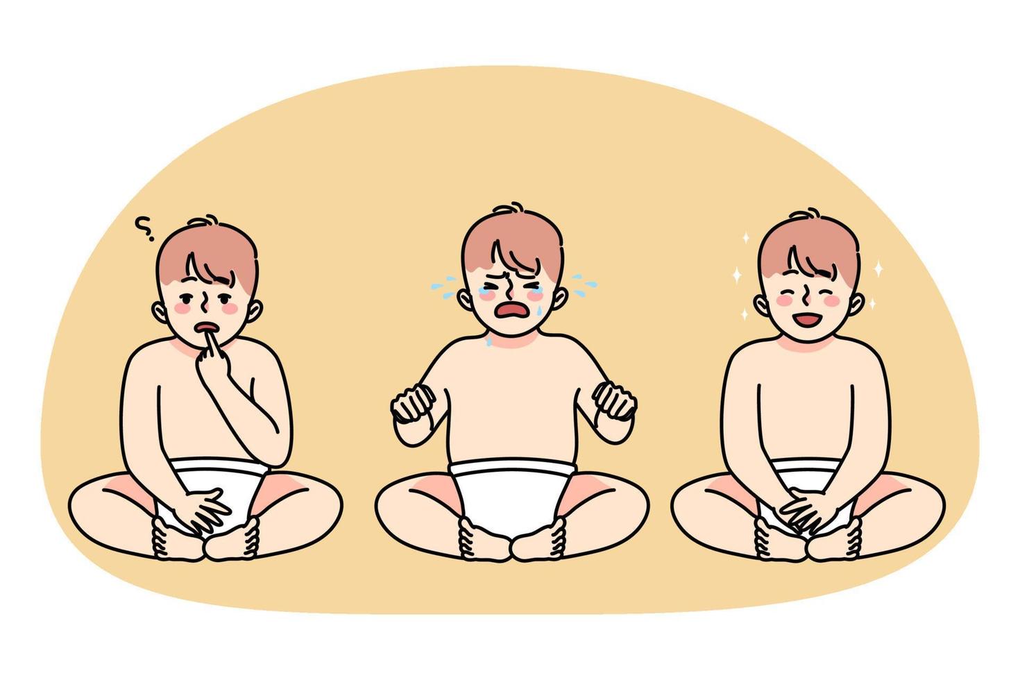 Set of baby in diaper with different emotions vector