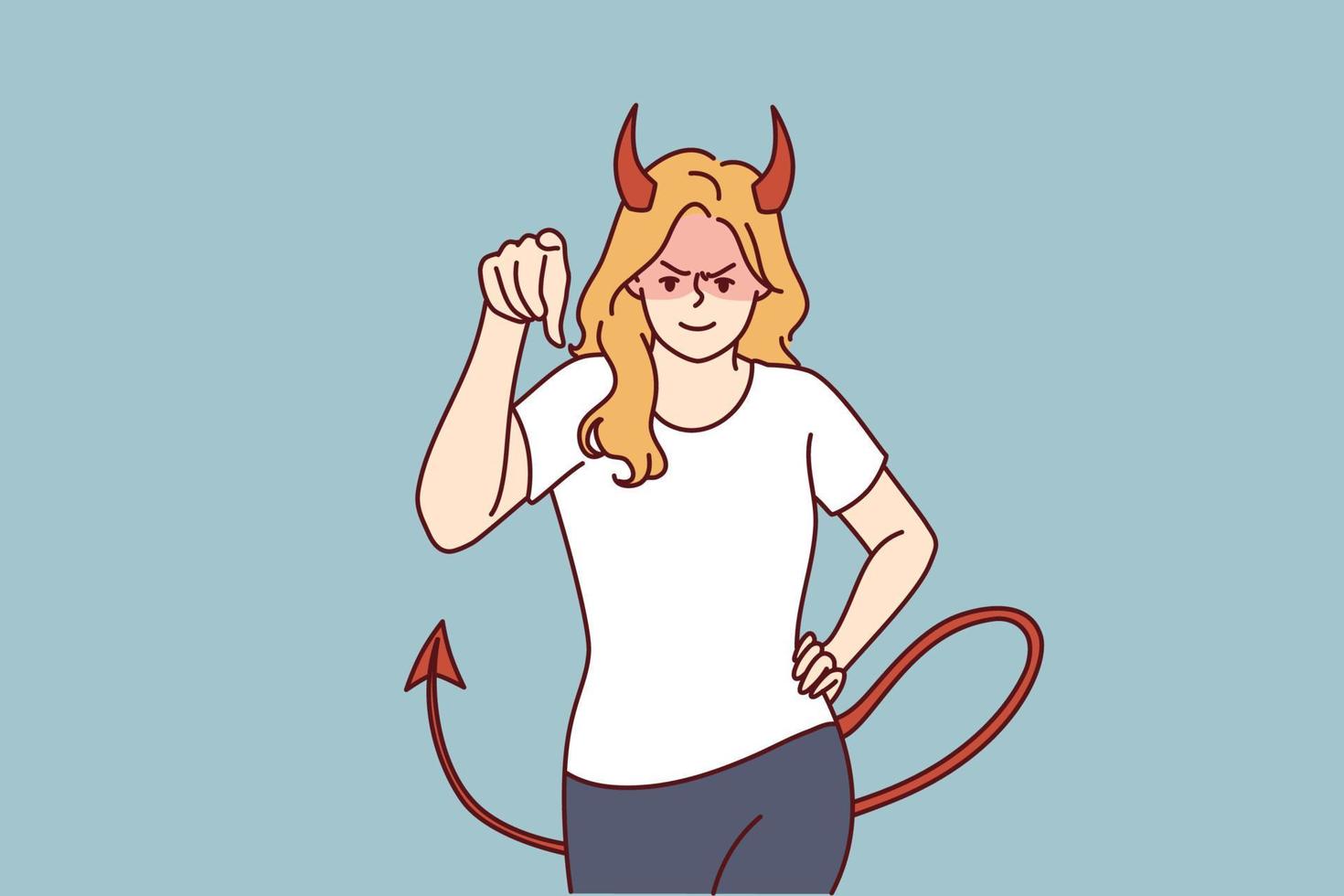 Woman demon with horns and tail points her finger at screen and looks at you aggressively. Evil demon girl threatens or tries to solve problems that have arisen with help of violence and aggression vector