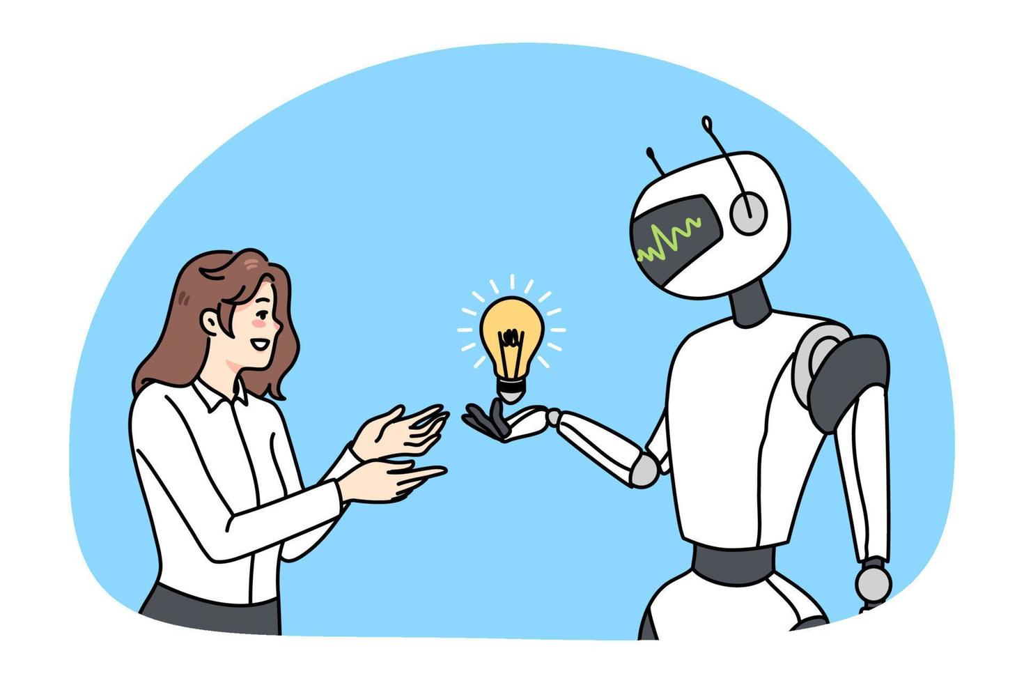 Robot offer lightbulb to female employee vector
