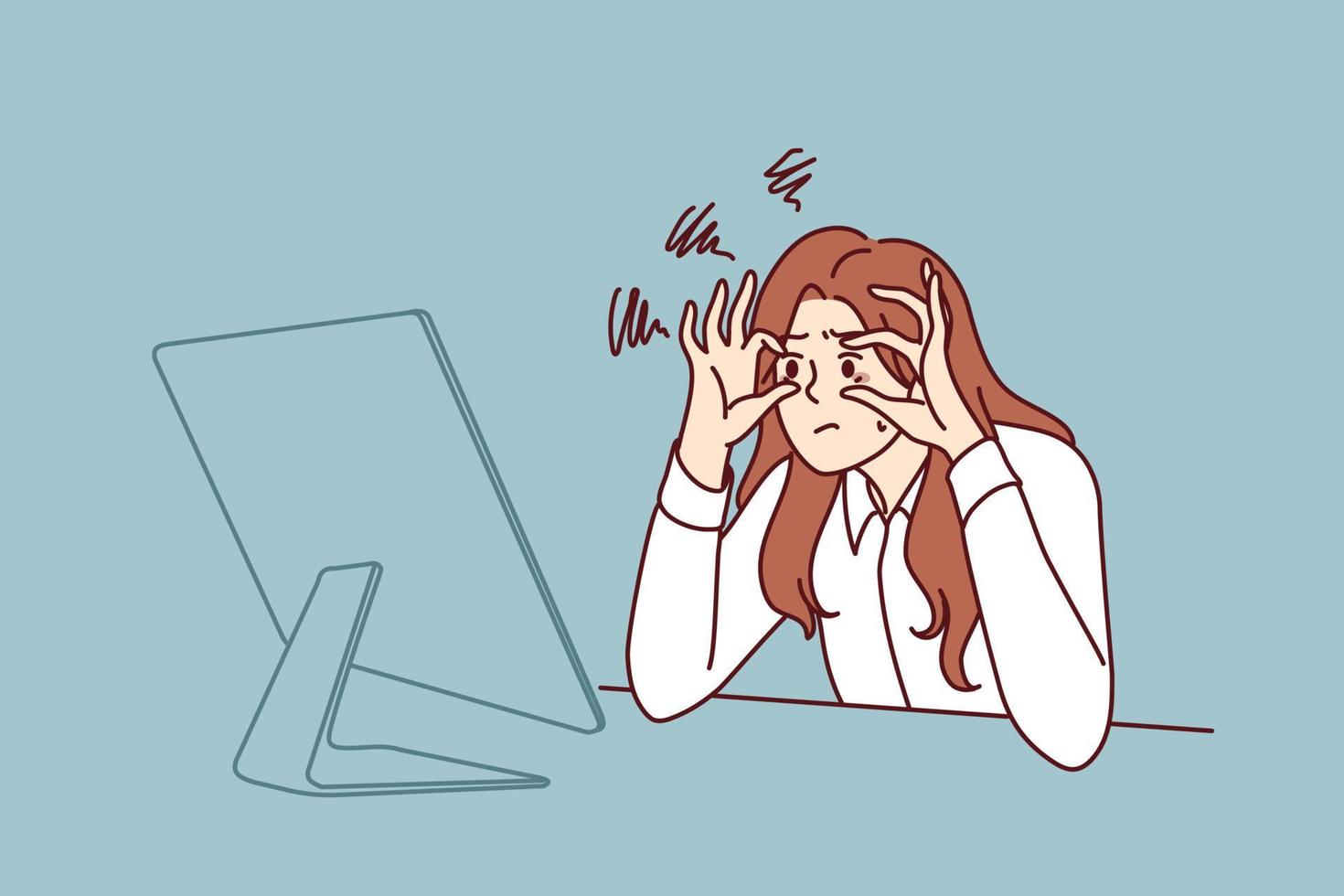 Sleepy businesswoman trying to stay awake sitting at workplace with monitor is feeling tired due to overwork. Businesswoman doing office work suffering from vision problems and strict deadlines vector