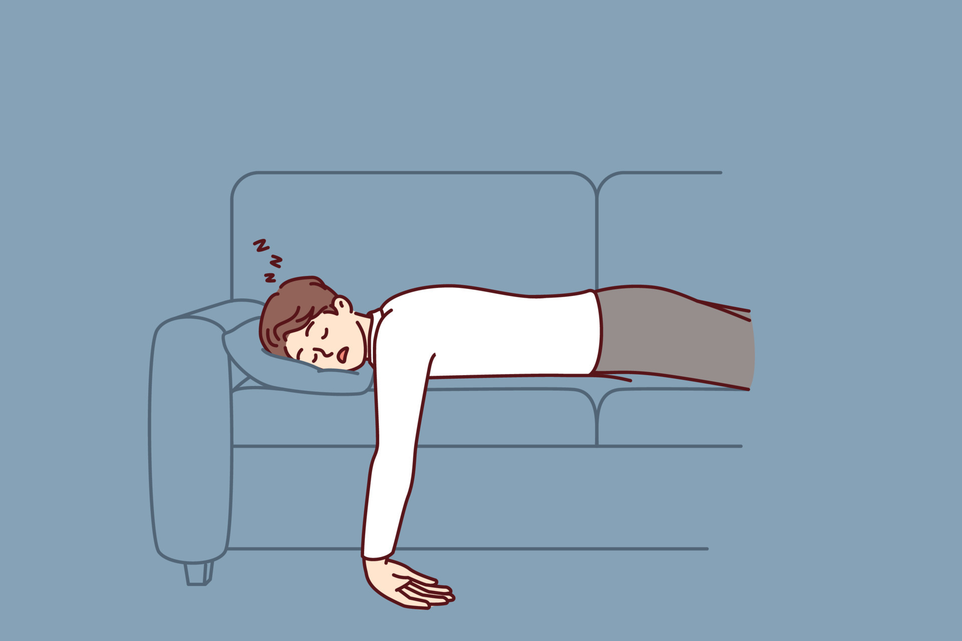Exhausted man fell asleep lying on comfortable sofa with no energy
