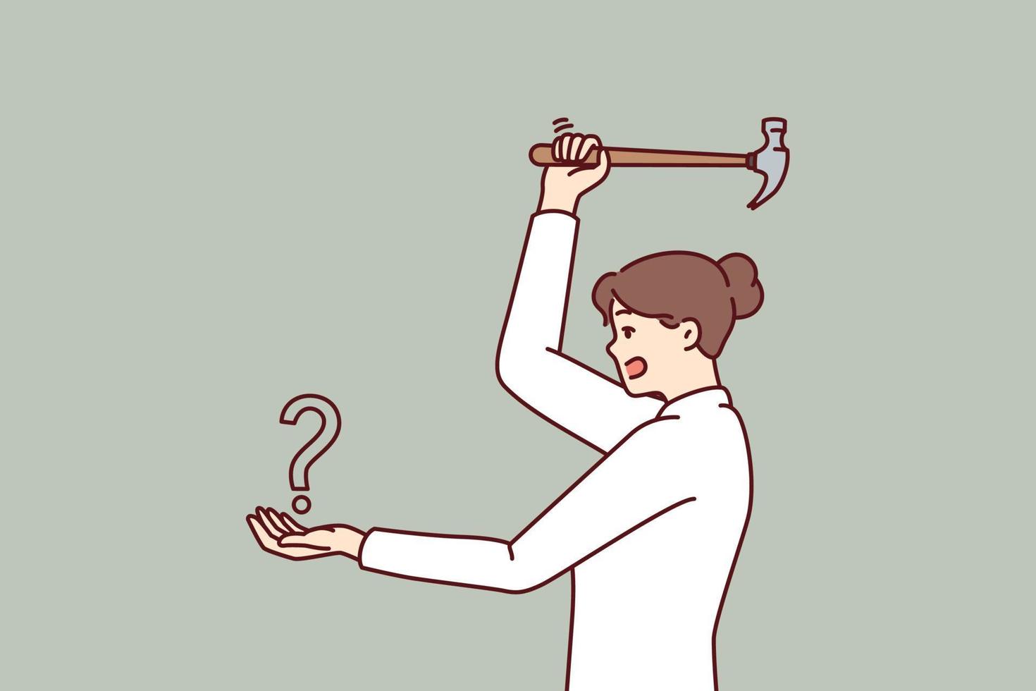 Woman swinging hammer at question mark showing courage in solving problems and fighting ignorance. Challenge for businesswoman in resolving issue requiring leadership qualities and determination vector