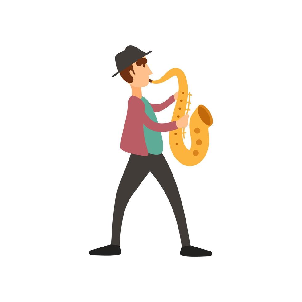 Jazzman in hat with saxophone, color vector icon illustration