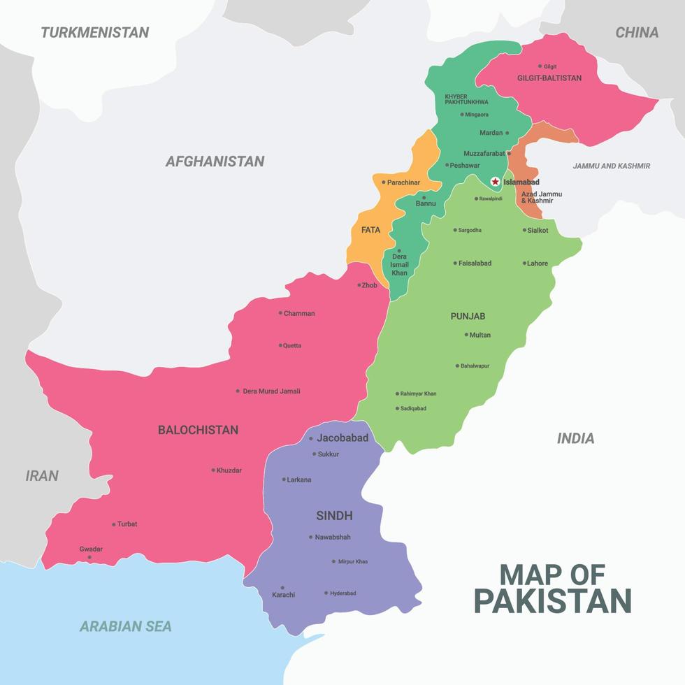 Pakistan Map with City Names vector