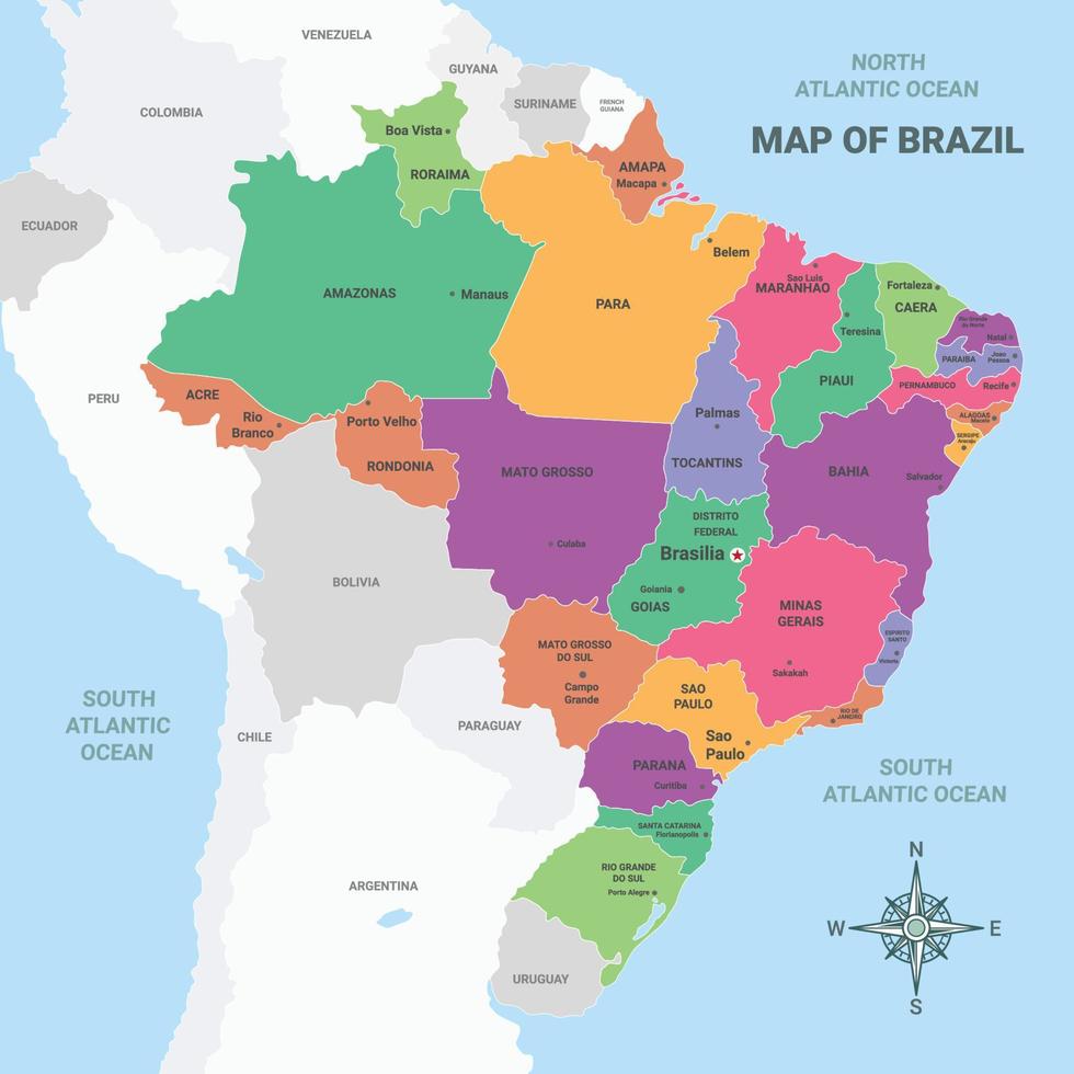 Brazil Map with Detail Country Name vector